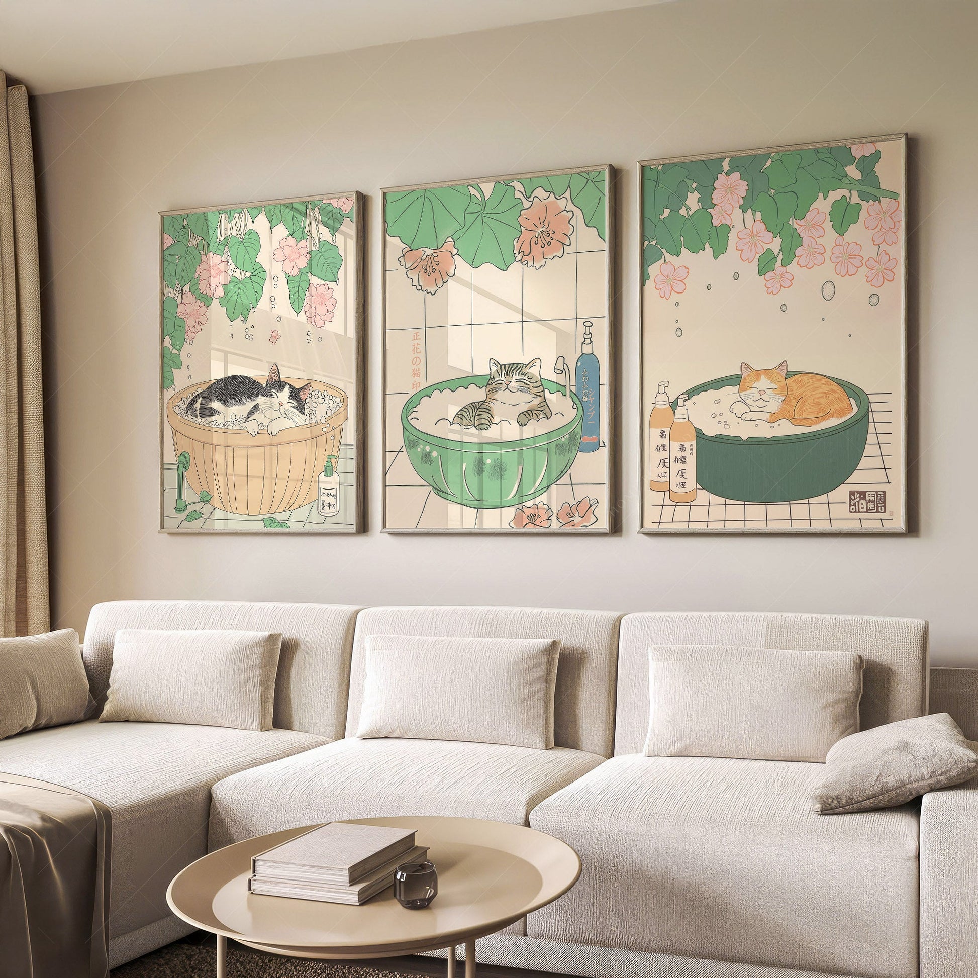 Japanese Cat Spa Print Set of 3 – Japandi Bathroom Wall Art Posters