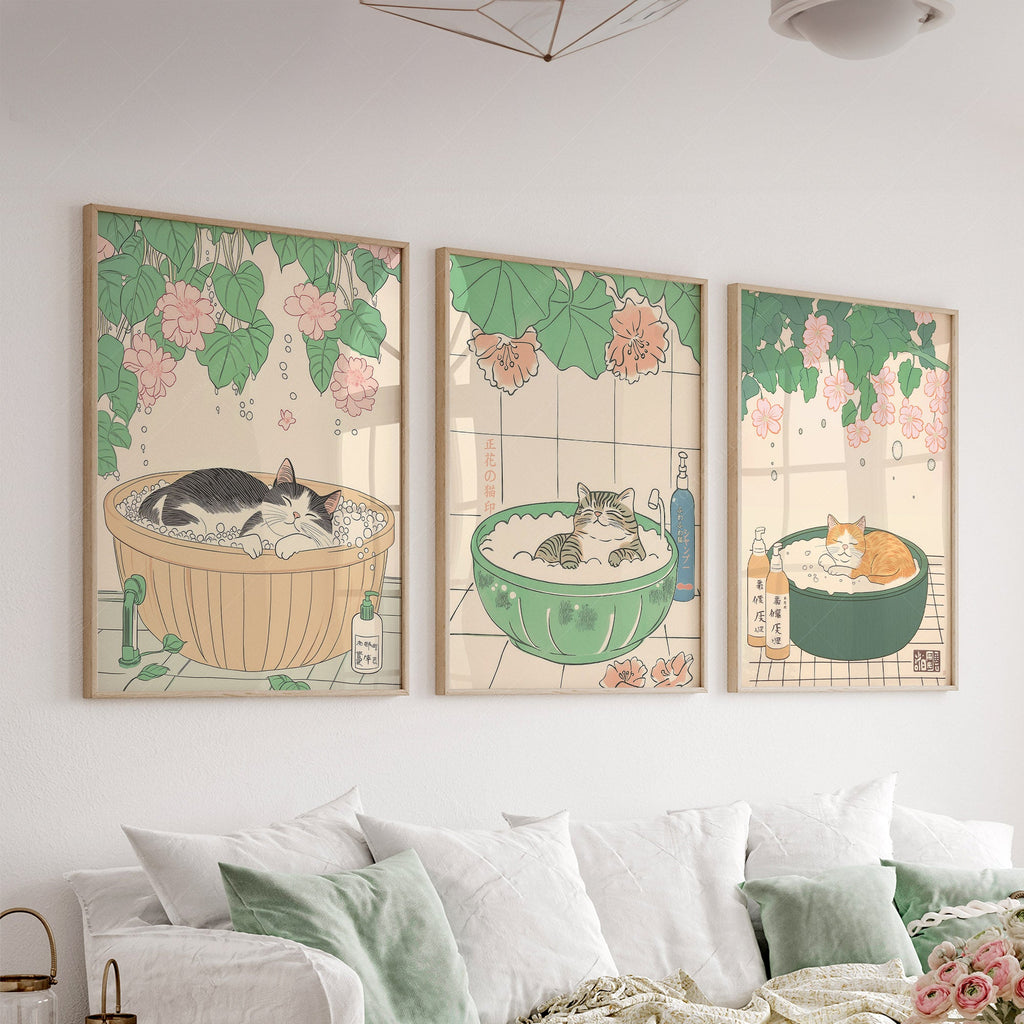 Japanese Cat Spa Print Set of 3 – Japandi Bathroom Wall Art Posters