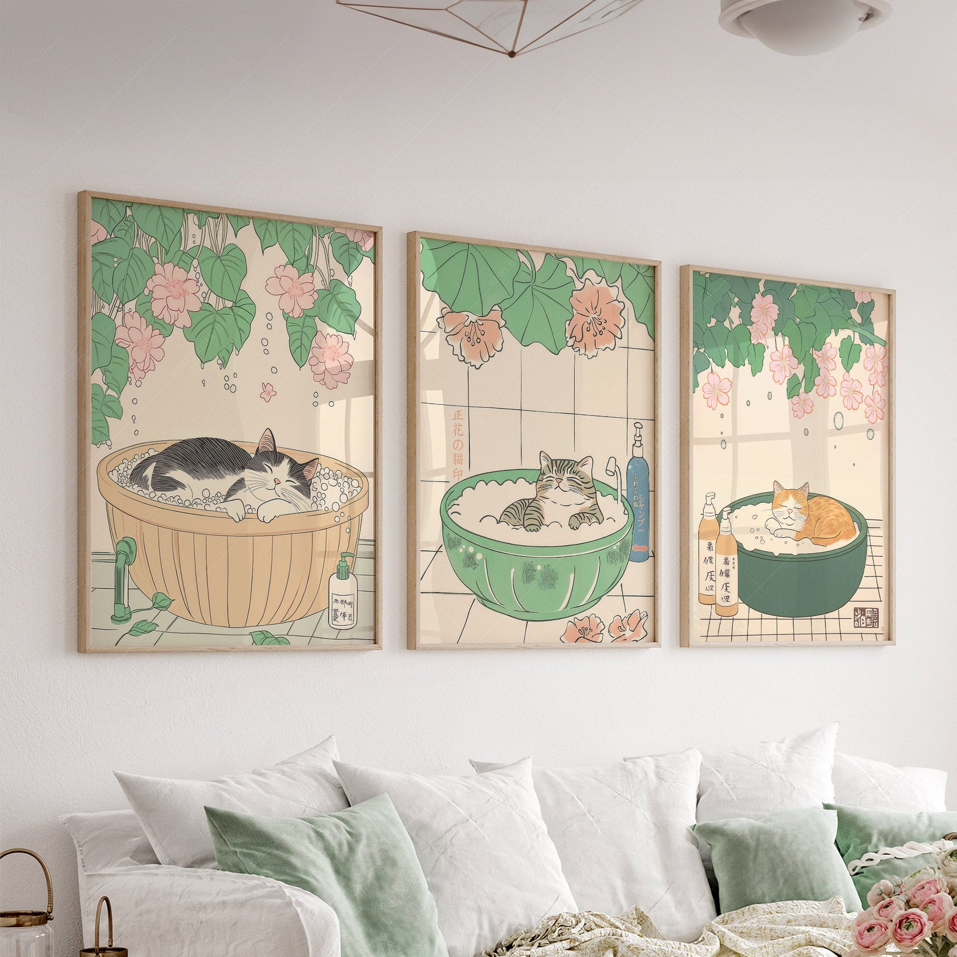 Japanese Cat Spa Print Set of 3 – Japandi Bathroom Wall Art Posters