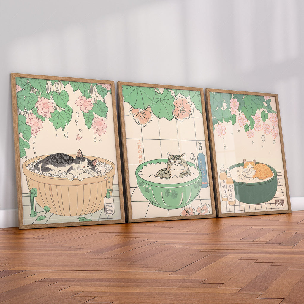 Japanese Cat Spa Print Set of 3 – Japandi Bathroom Wall Art Posters