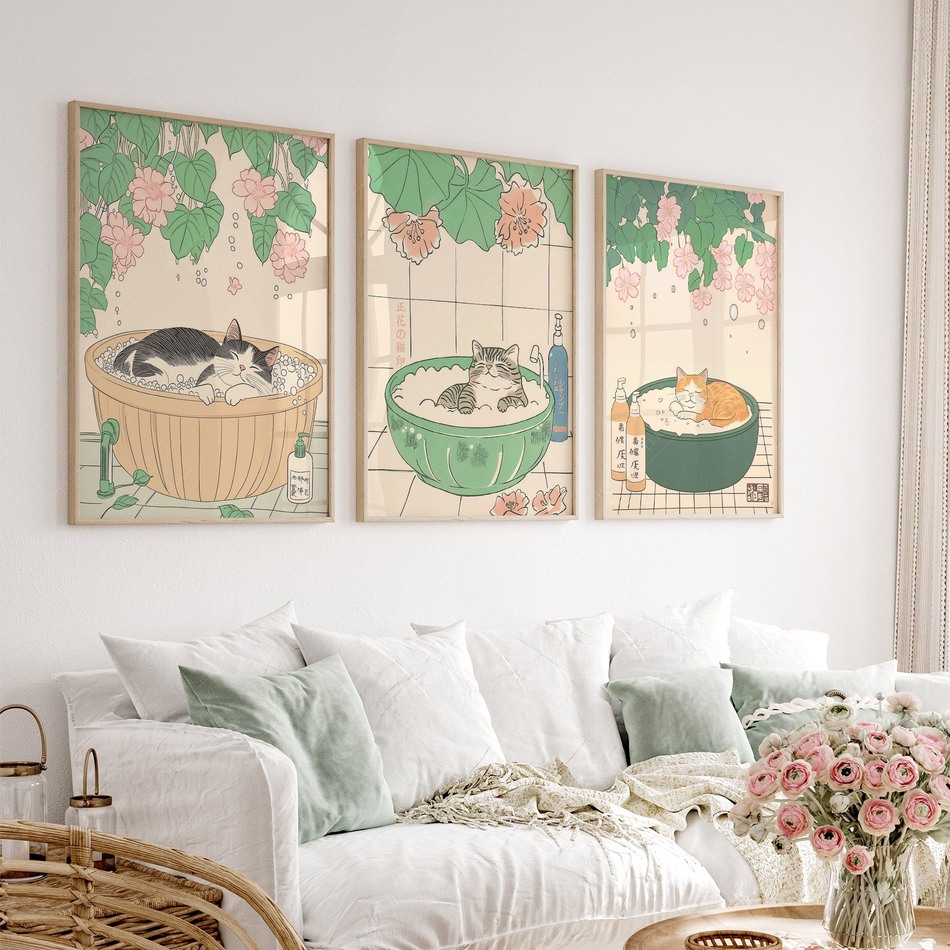 Japanese Cat Spa Print Set of 3 – Japandi Bathroom Wall Art Posters