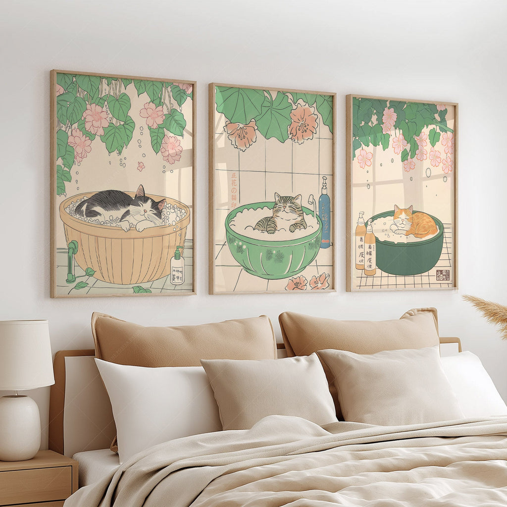 Japanese Cat Spa Print Set of 3 – Japandi Bathroom Wall Art Posters