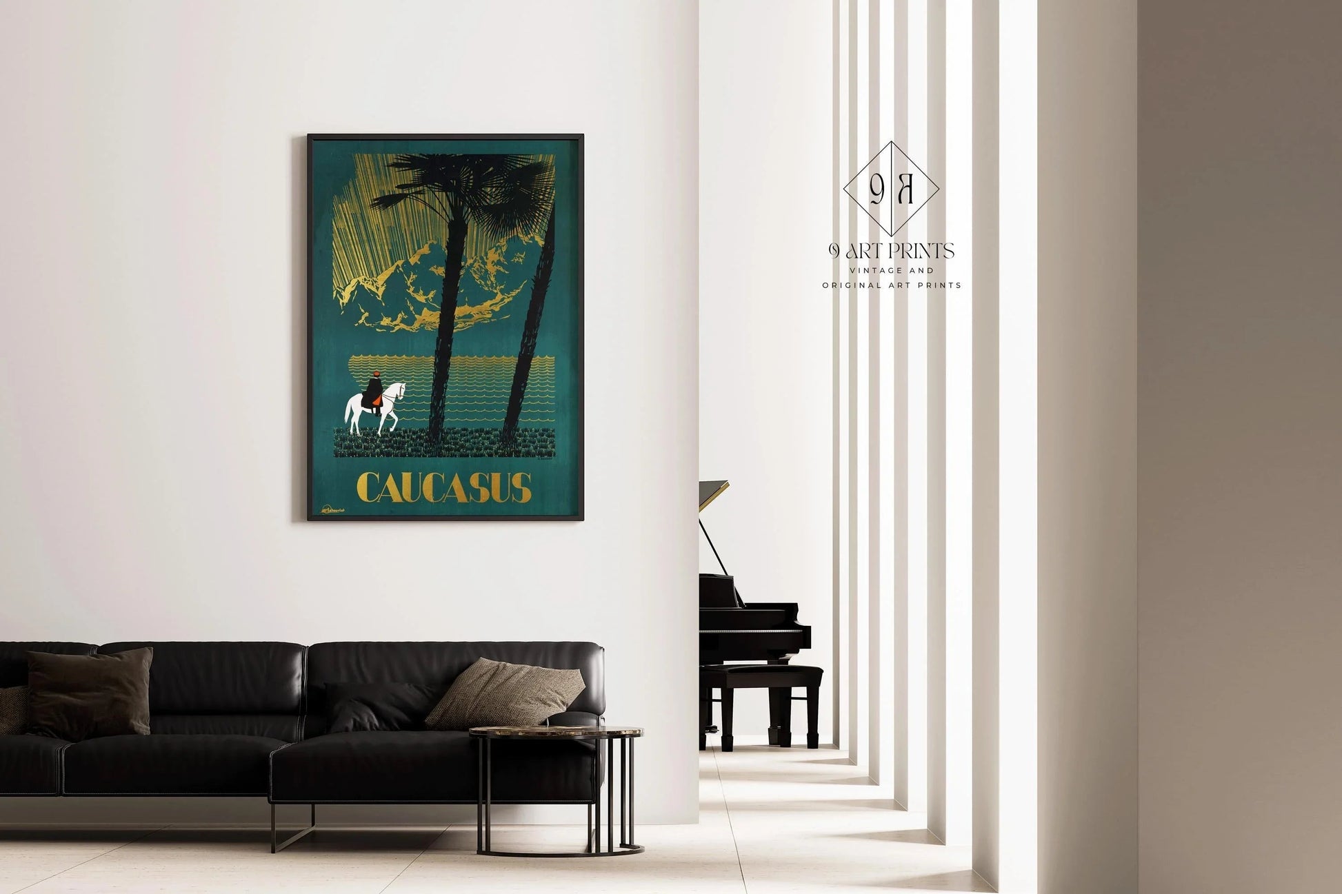 Caucase | Superbe affiche de voyage soviétique bleu sarcelle avec reflets dorés | Reproduction de film vintage (disponible encadrée ou non encadrée)