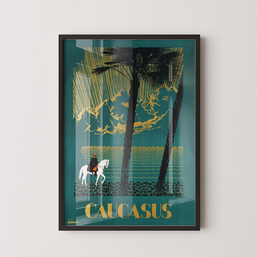 Caucase | Superbe affiche de voyage soviétique bleu sarcelle avec reflets dorés | Reproduction de film vintage (disponible encadrée ou non encadrée)