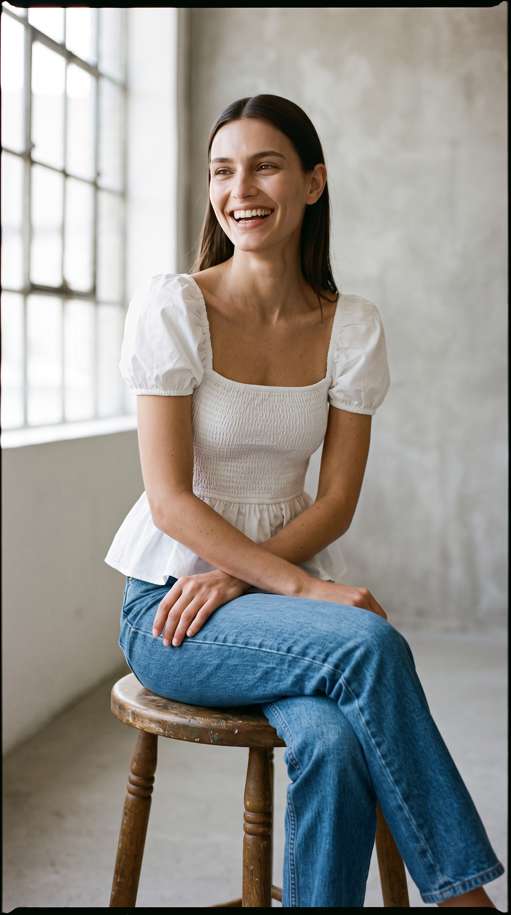 Sera – Cotton Poplin Puff Sleeve Peplum Blouse Top In White