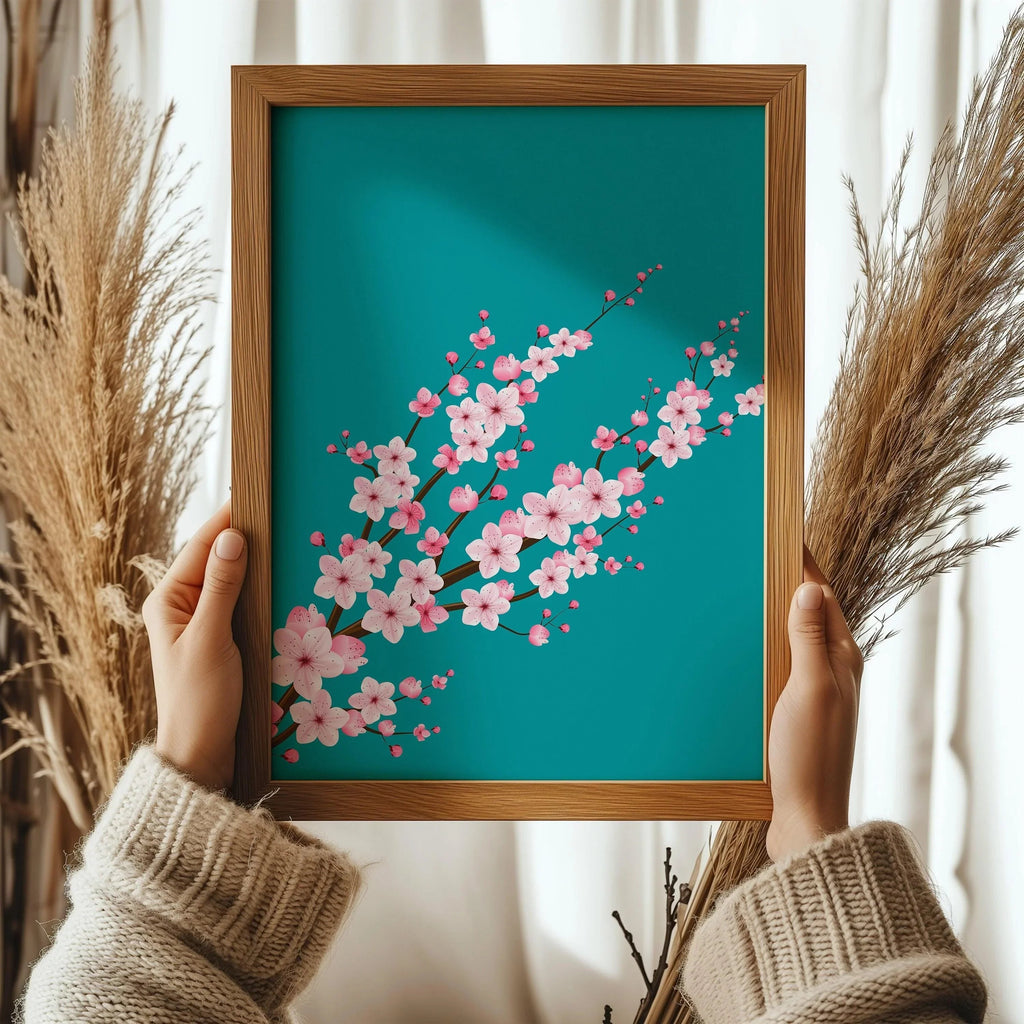 Fleurs de cerisier sur fond turquoise et aigue-marine (disponible encadrée à la main, prête à accrocher, ou sans cadre)
