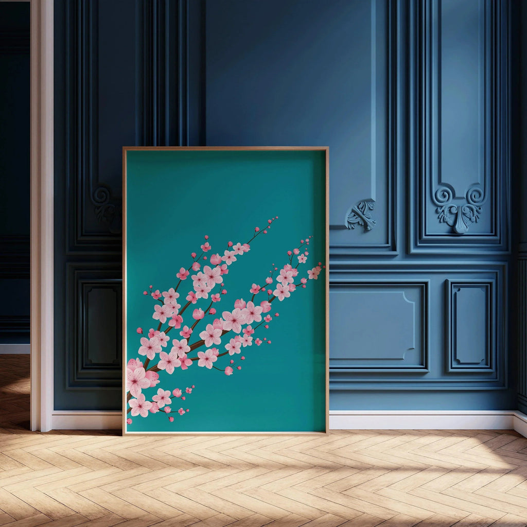 Fleurs de cerisier sur fond turquoise et aigue-marine (disponible encadrée à la main, prête à accrocher, ou sans cadre)