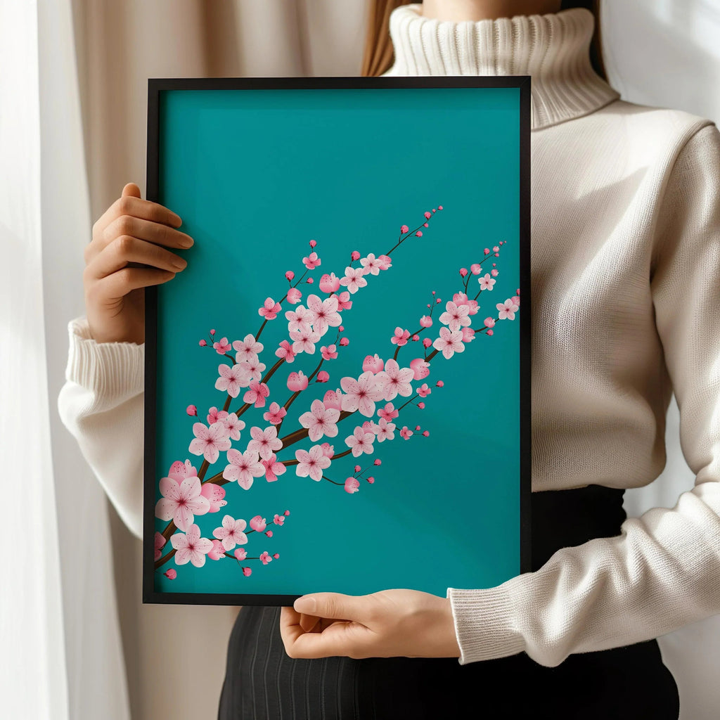 Fleurs de cerisier sur fond turquoise et aigue-marine (disponible encadrée à la main, prête à accrocher, ou sans cadre)