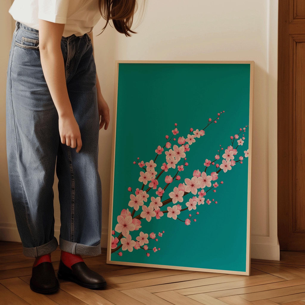 Fleurs de cerisier sur fond turquoise et aigue-marine (disponible encadrée à la main, prête à accrocher, ou sans cadre)