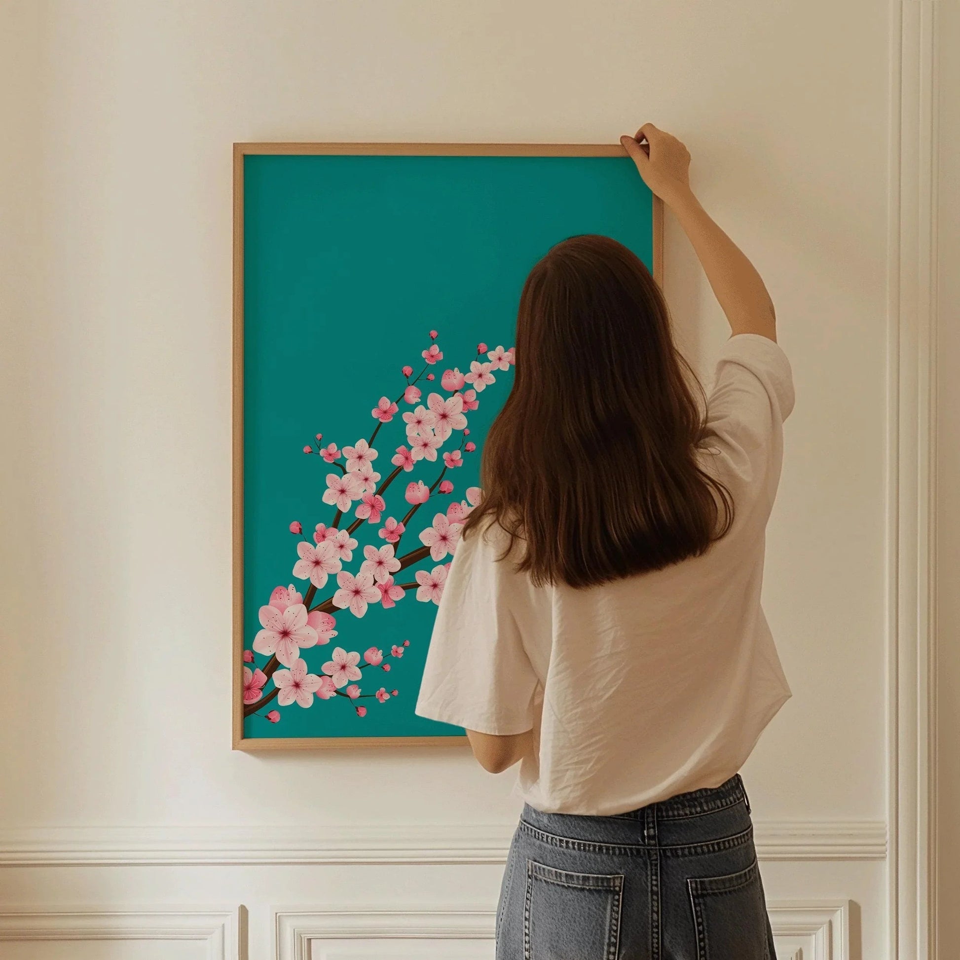 Fleurs de cerisier sur fond turquoise et aigue-marine (disponible encadrée à la main, prête à accrocher, ou sans cadre)