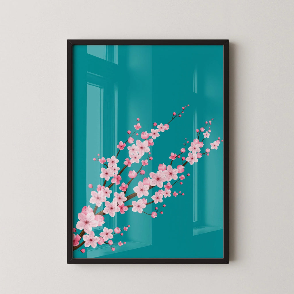 Fleurs de cerisier sur fond turquoise et aigue-marine (disponible encadrée à la main, prête à accrocher, ou sans cadre)