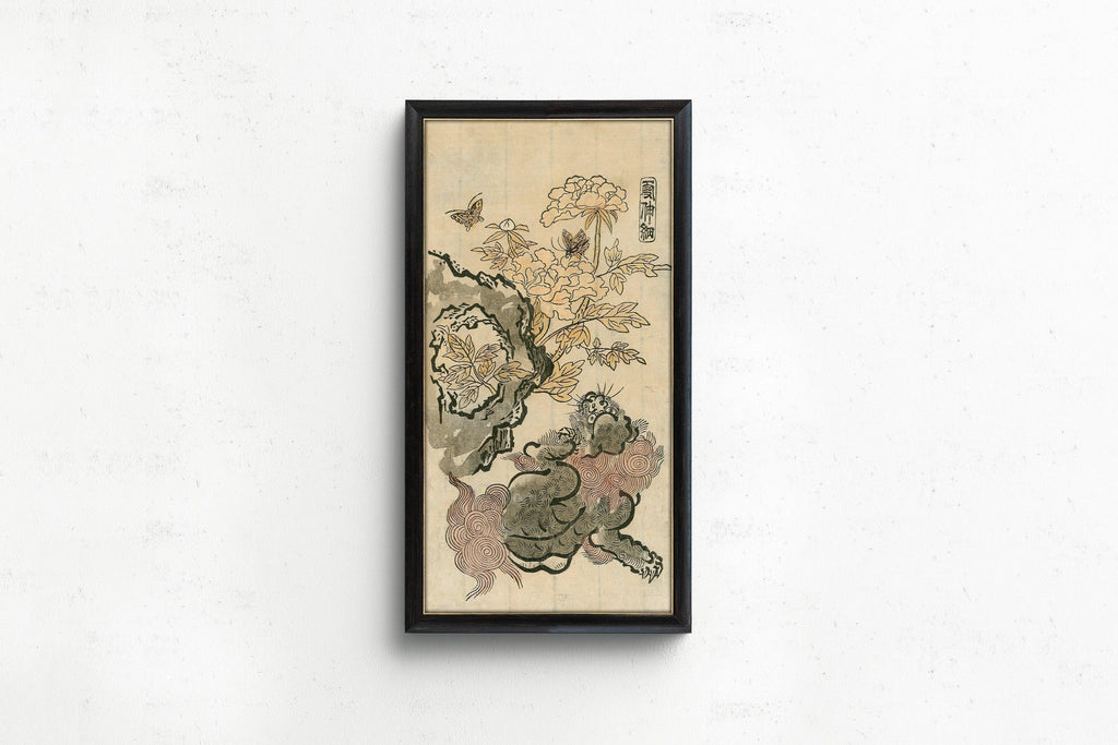 Reproduction giclée de lion et pivoines de Chine : art japonais vintage