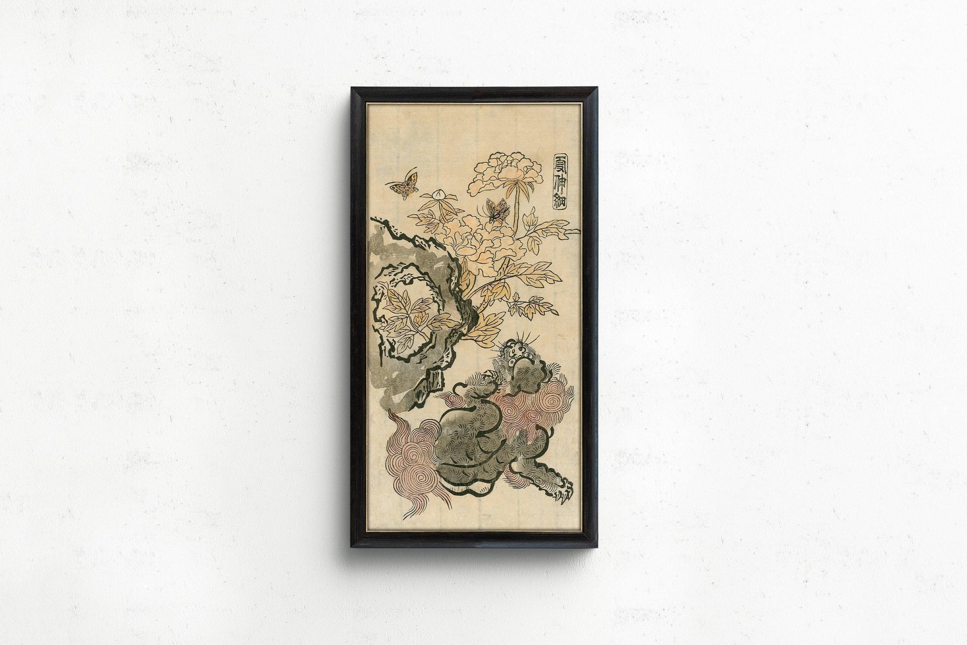 Reproduction giclée de lion et pivoines de Chine : art japonais vintage