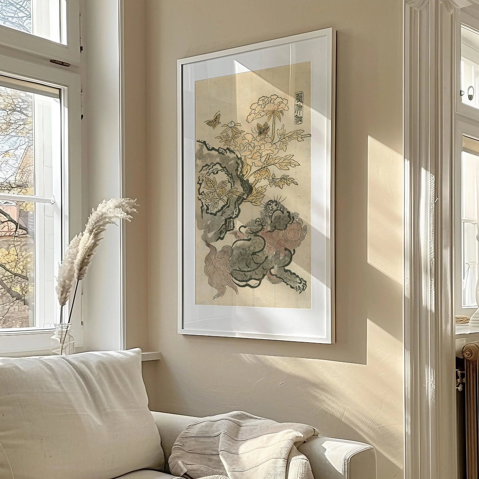 Reproduction giclée de lion et pivoines de Chine : art japonais vintage