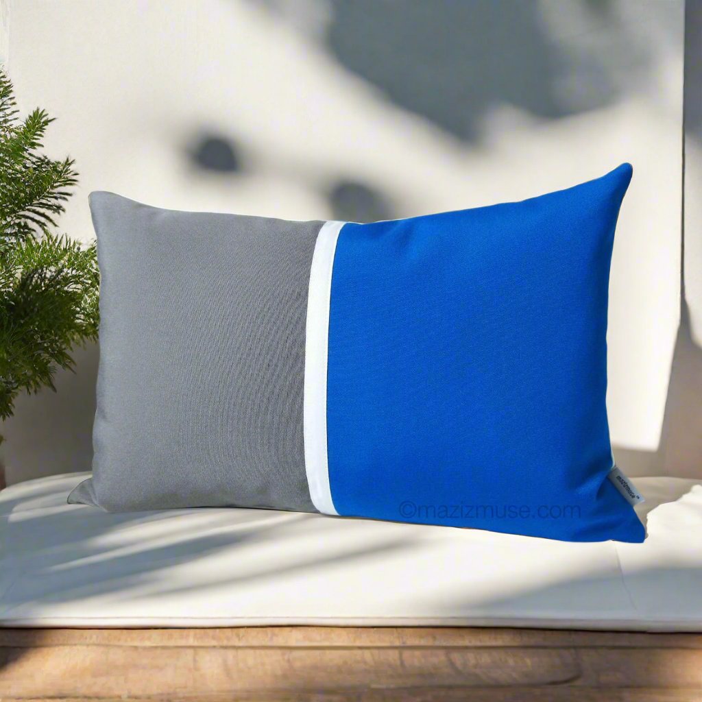 Housse de coussin d'extérieur Sunbrella bleu Pacifique, housse de coussin cobalt et gris