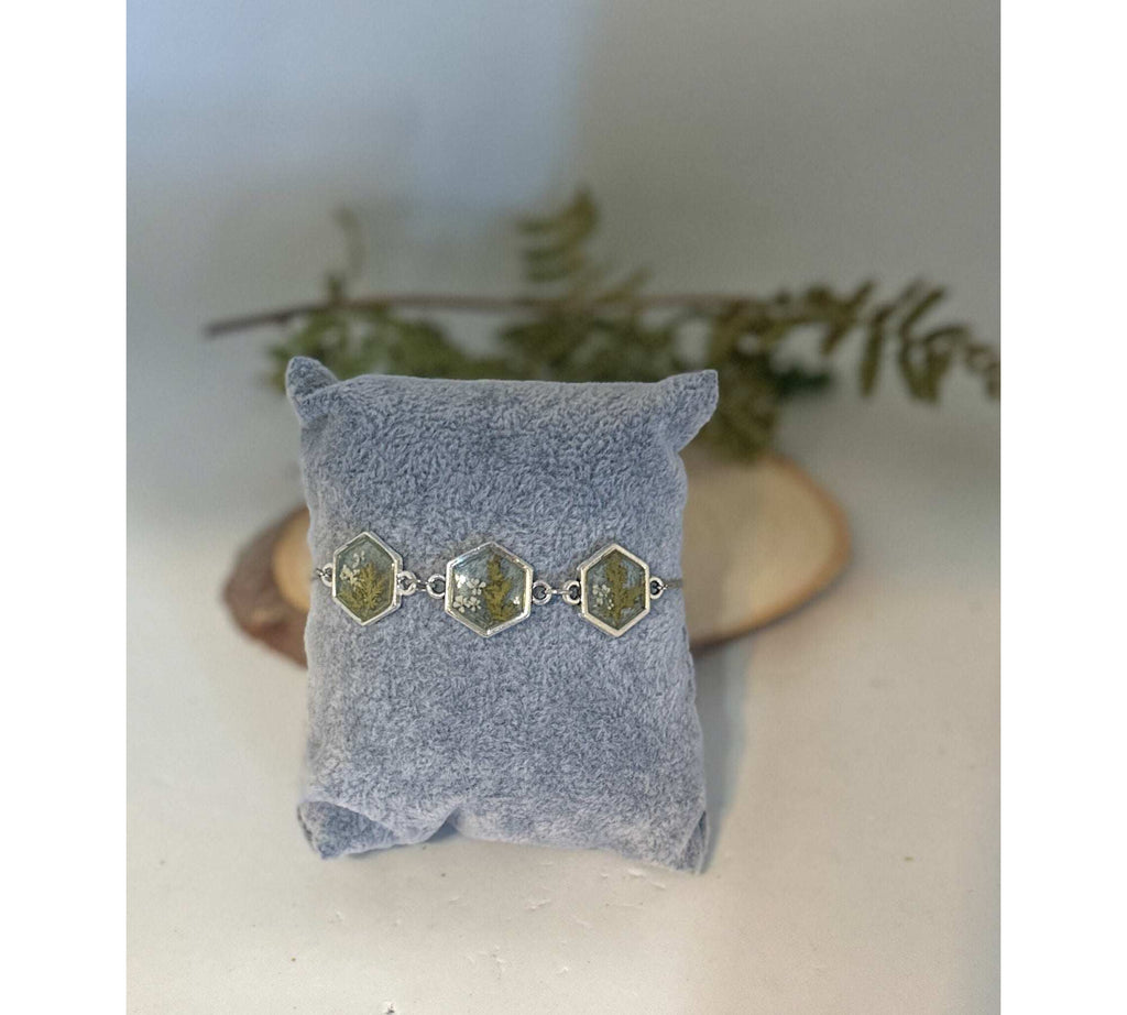 Fern Elegance: Silver Hexagon Handmade Trio Bracelet with Dried Botanicals