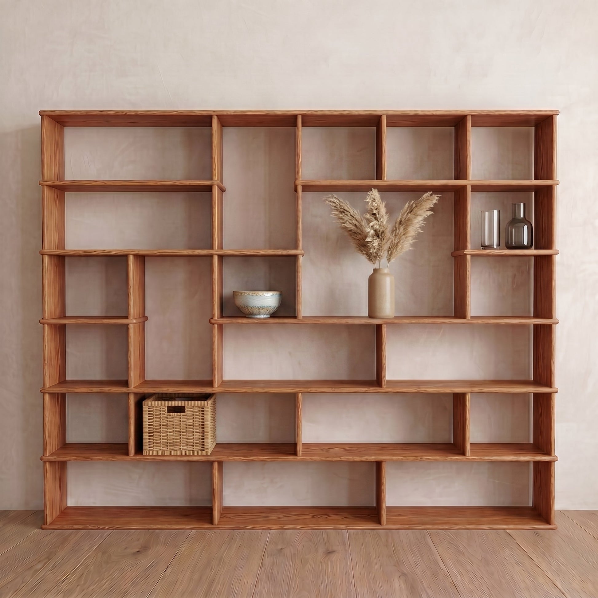 Large geometric bookcase in red oak
