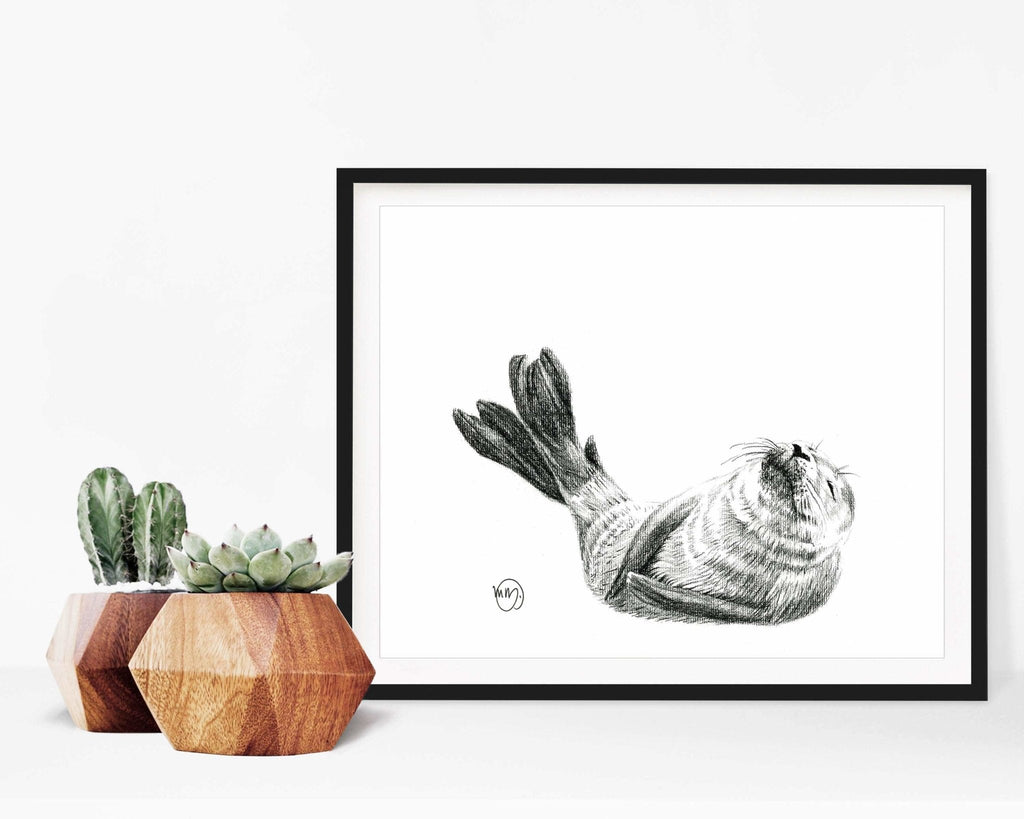 Cute Baby Seal,  Black and White Nursery Wildlife Art Print