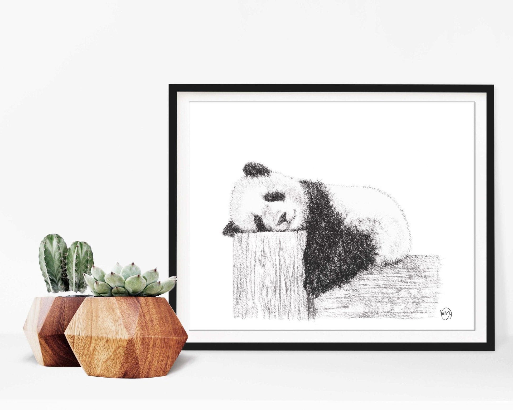 Cute sleeping Panda - Black and white art print