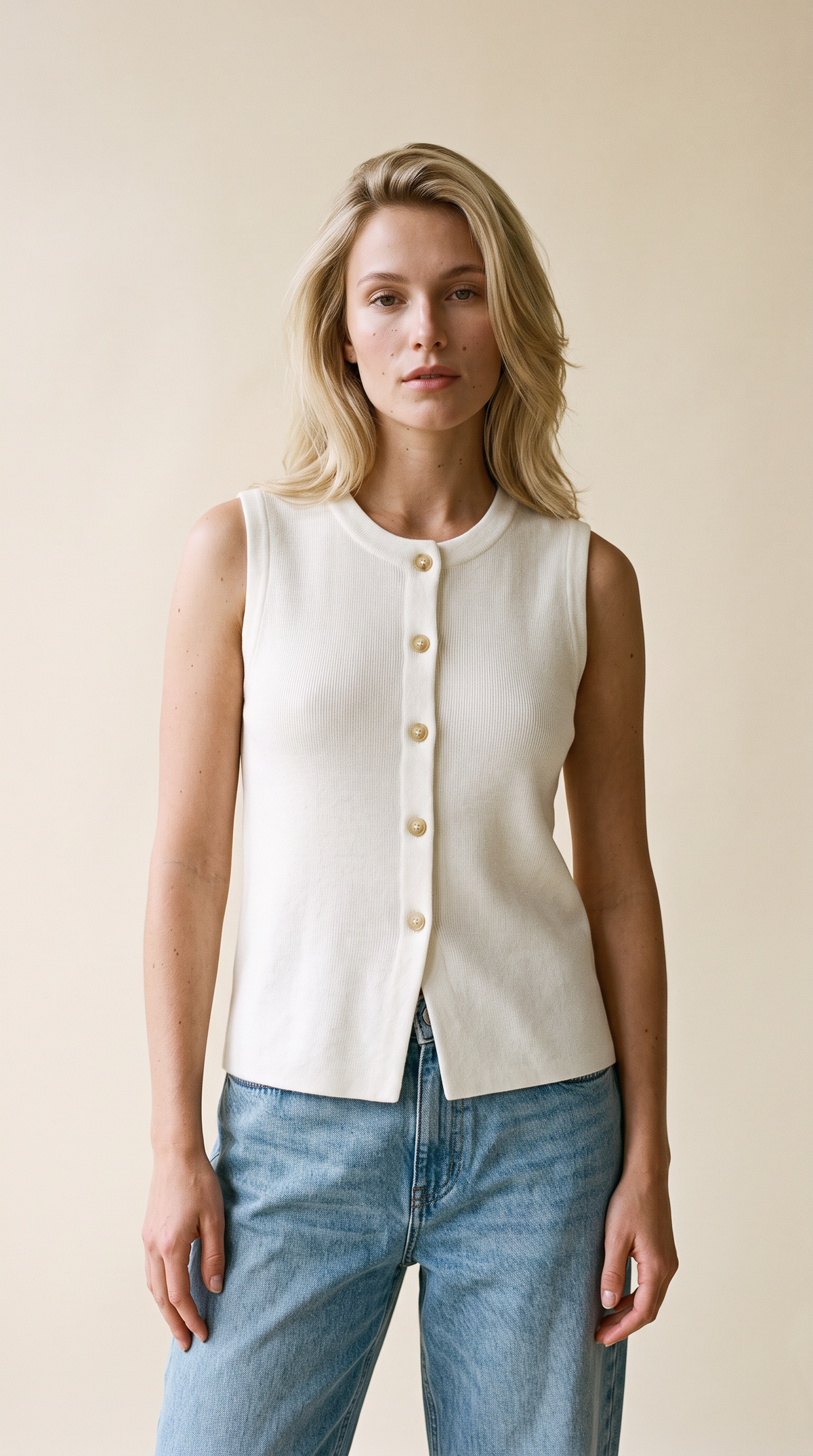 Bezla - Button Front Sleeveless Knit Vest Top In Ivory