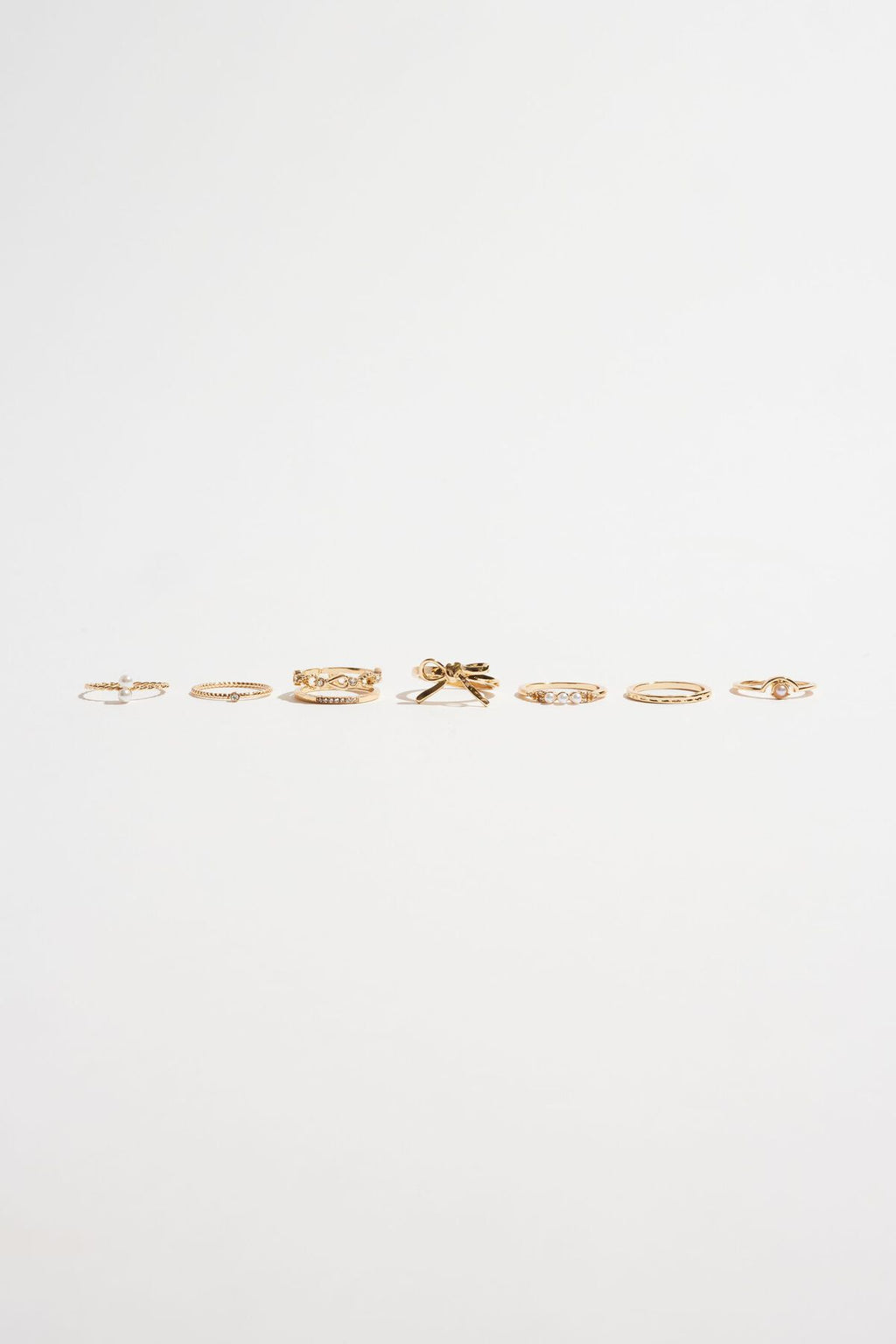8-Pack Pearl and Bow Delicate Rings