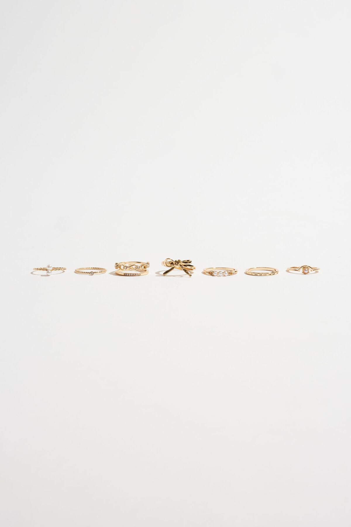 8-Pack Pearl and Bow Delicate Rings
