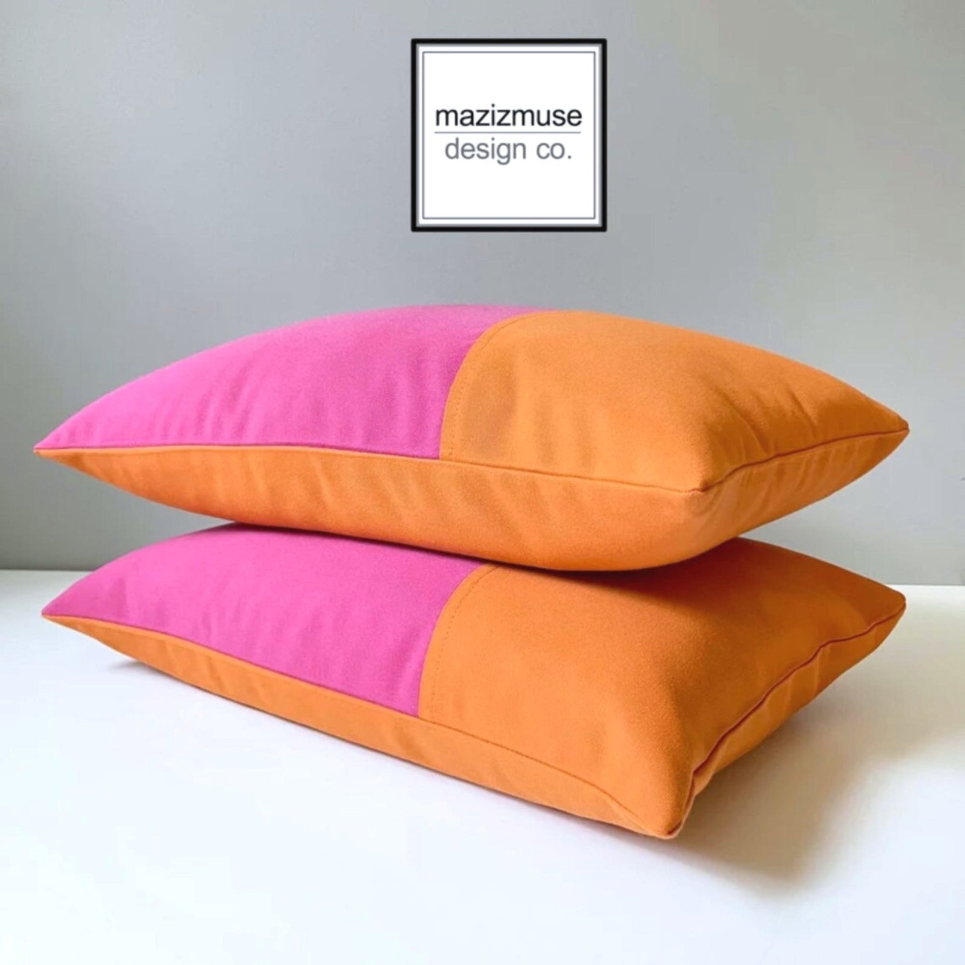Housse de coussin d'extérieur moderne en Sunbrella® rose vif et orange, coussins color block