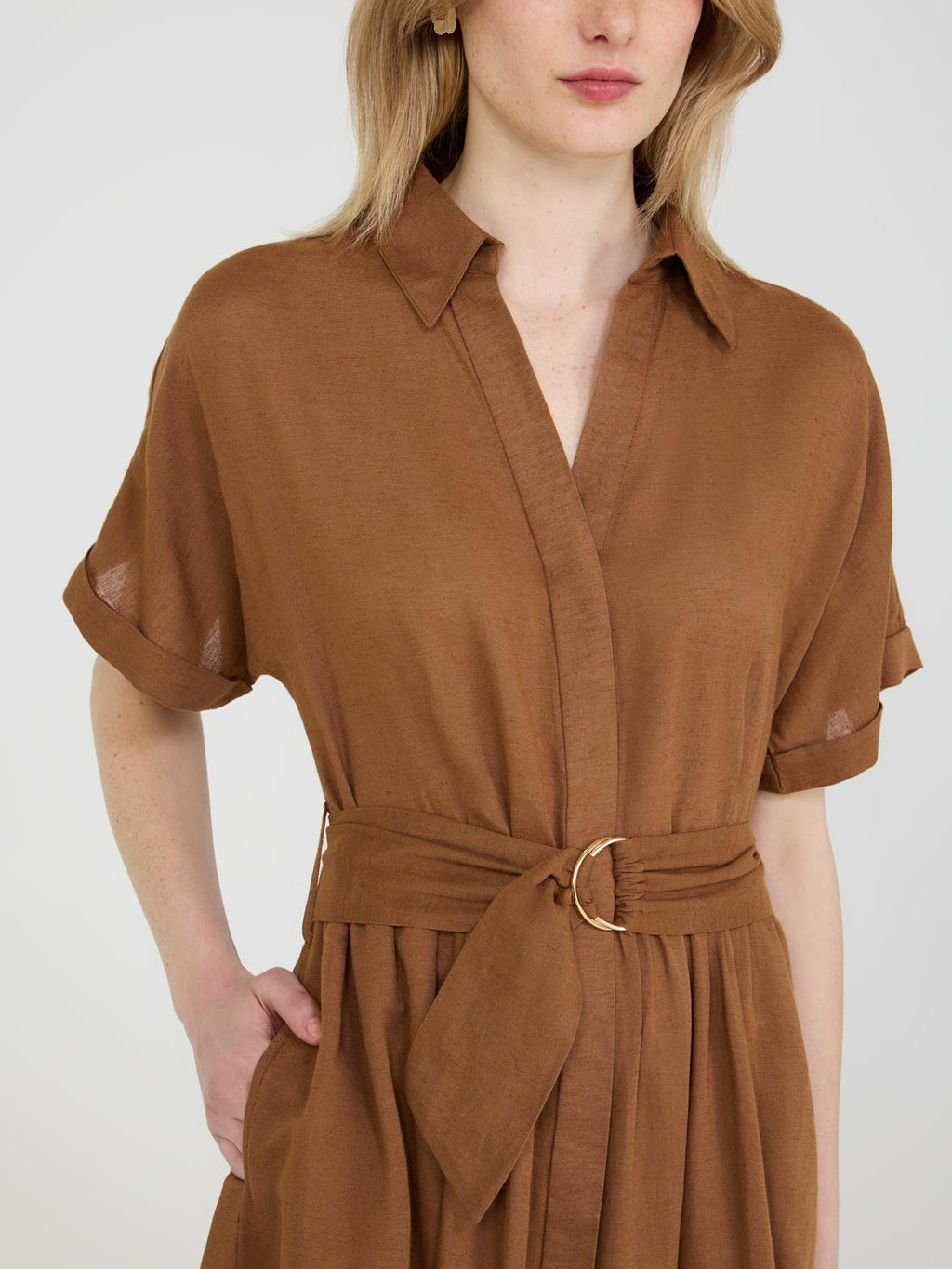 Robe chemise à manches chauve-souris en lin mélangé
