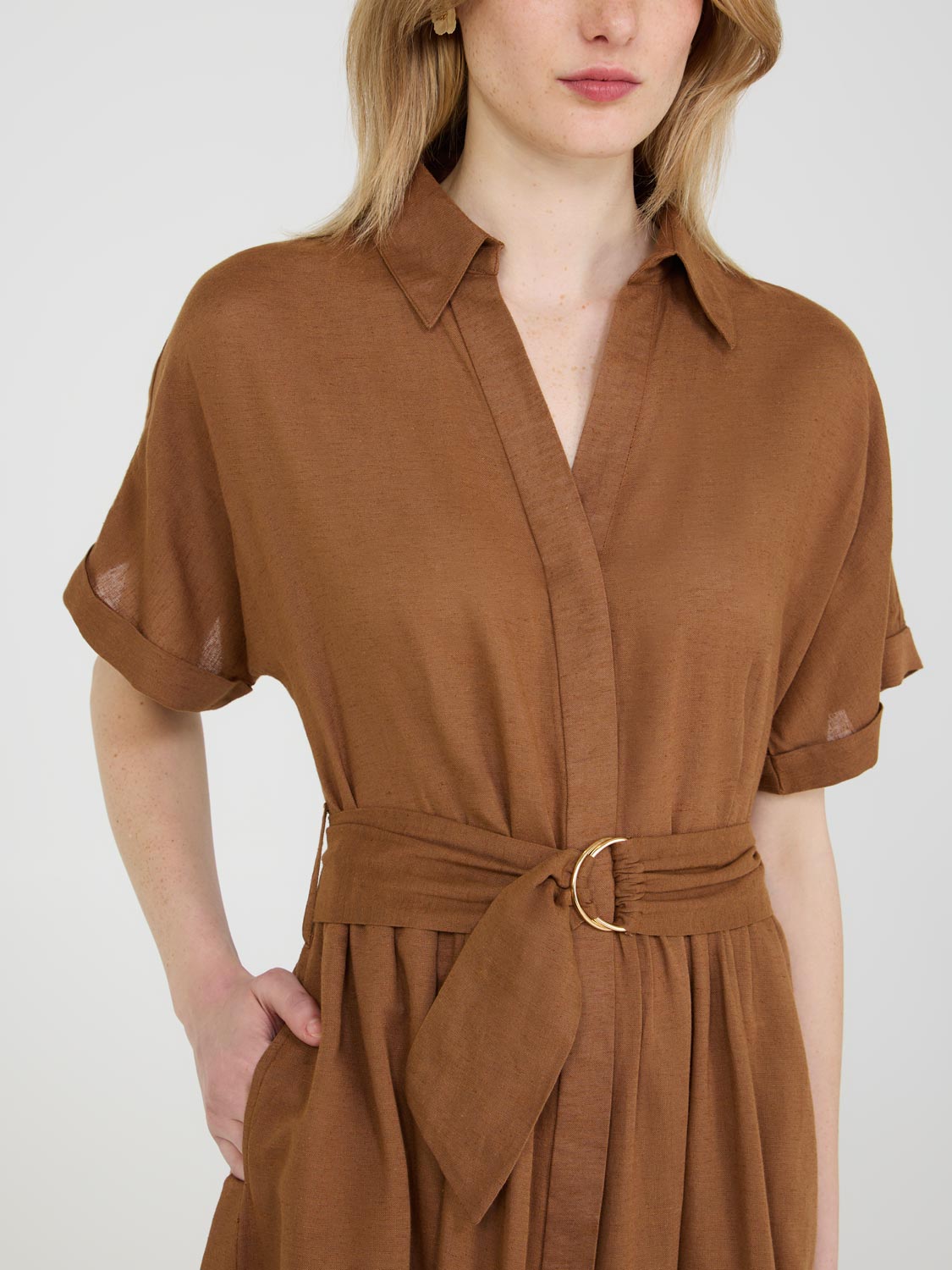 Robe chemise à manches chauve-souris en lin mélangé