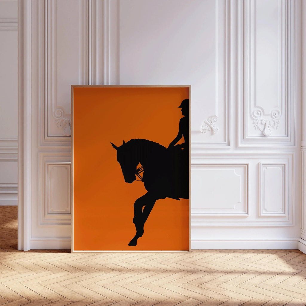 Affiche de dressage (cheval et cavalier) orange | Art équestre (disponible encadrée ou non encadrée)