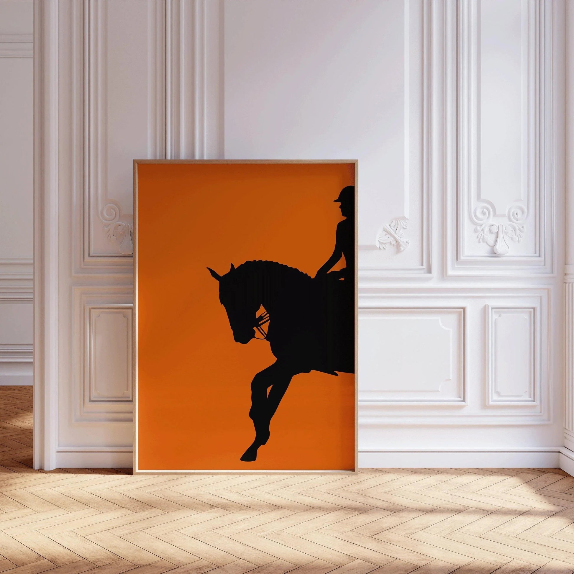 Affiche de dressage (cheval et cavalier) orange | Art équestre (disponible encadrée ou non encadrée)