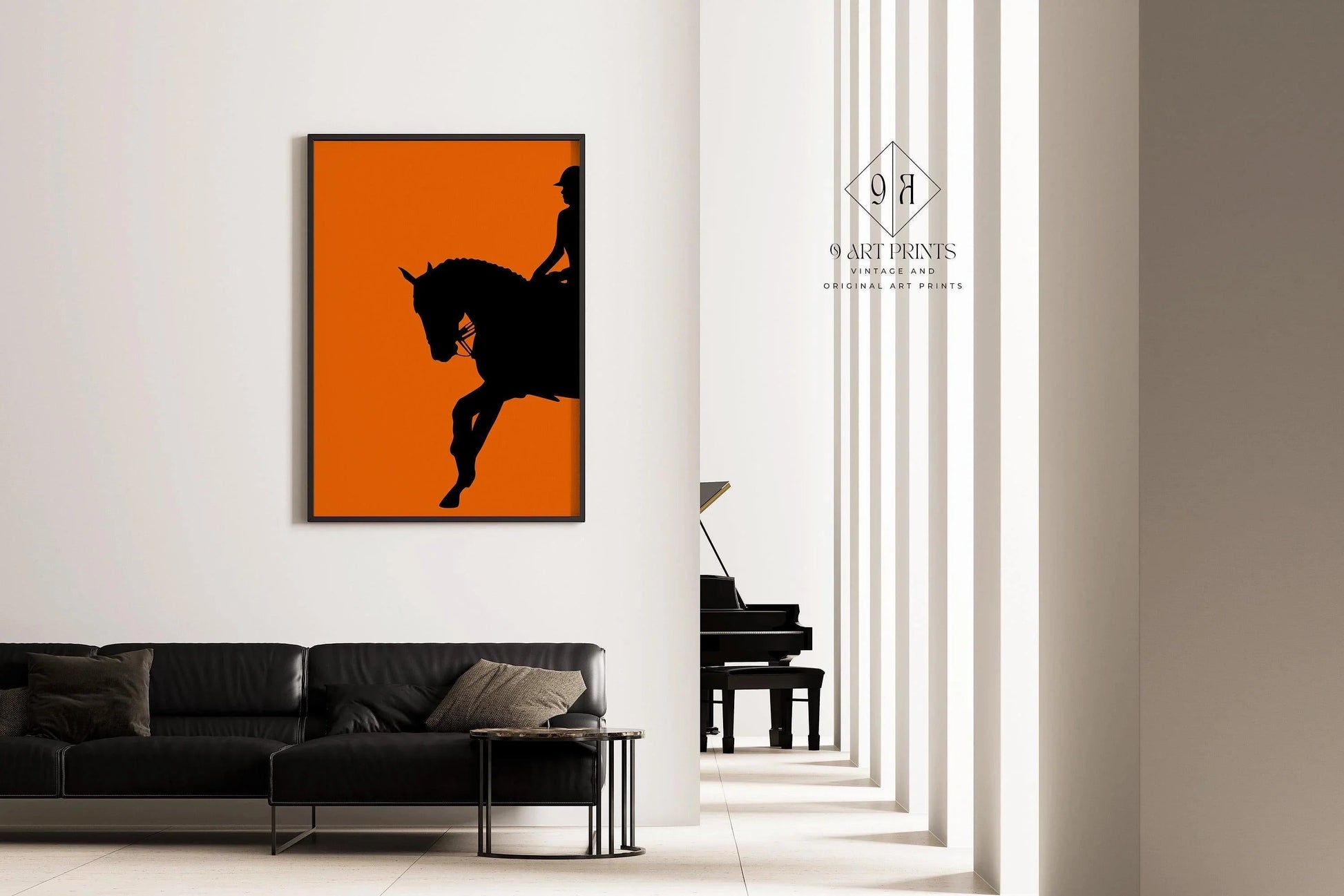 Affiche de dressage (cheval et cavalier) orange | Art équestre (disponible encadrée ou non encadrée)