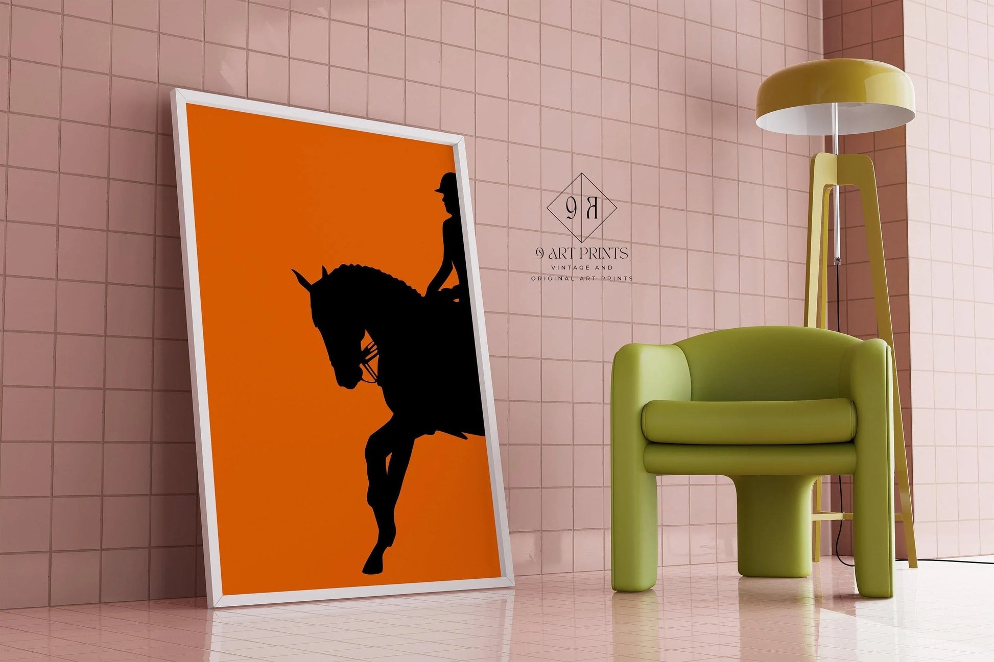 Affiche de dressage (cheval et cavalier) orange | Art équestre (disponible encadrée ou non encadrée)