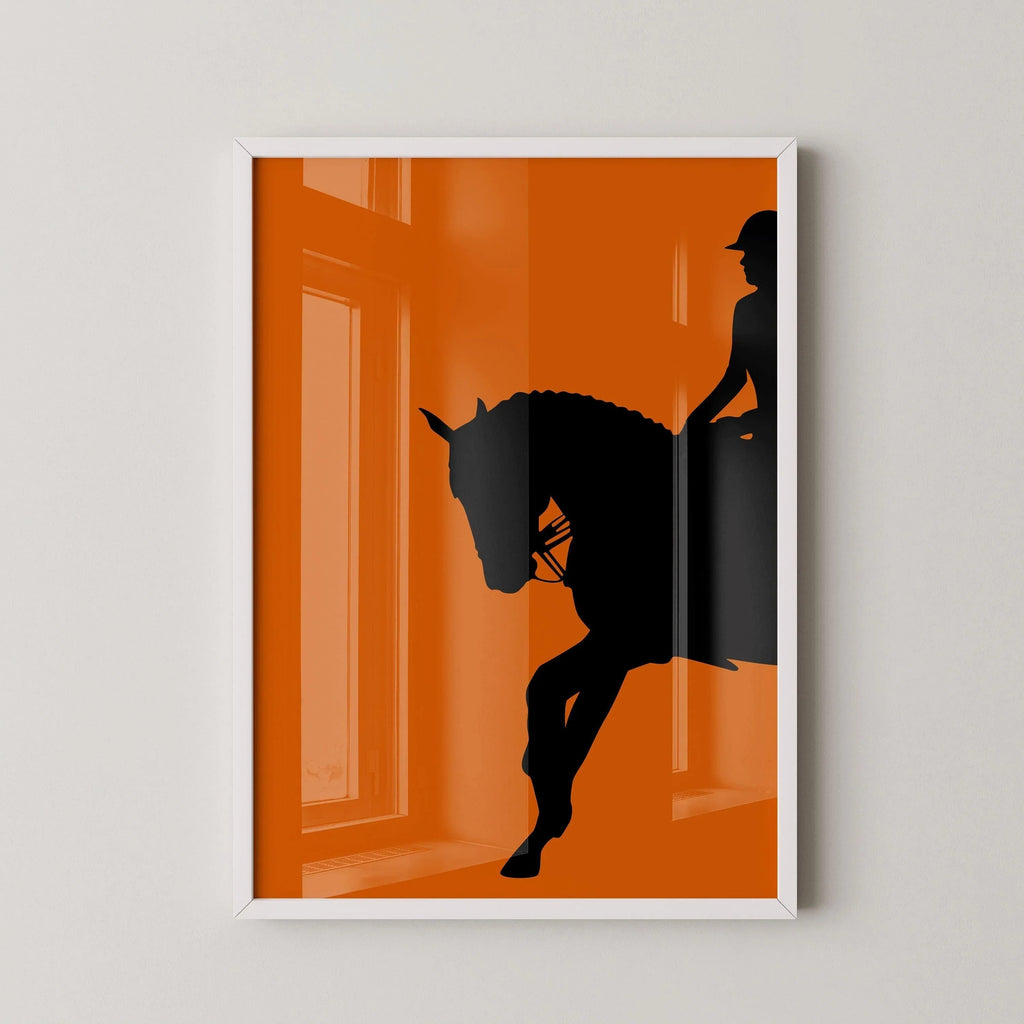 Affiche de dressage (cheval et cavalier) orange | Art équestre (disponible encadrée ou non encadrée)