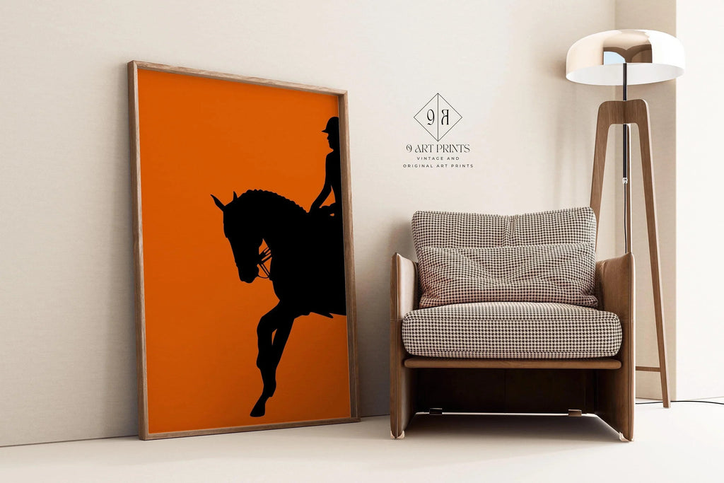 Affiche de dressage (cheval et cavalier) orange | Art équestre (disponible encadrée ou non encadrée)