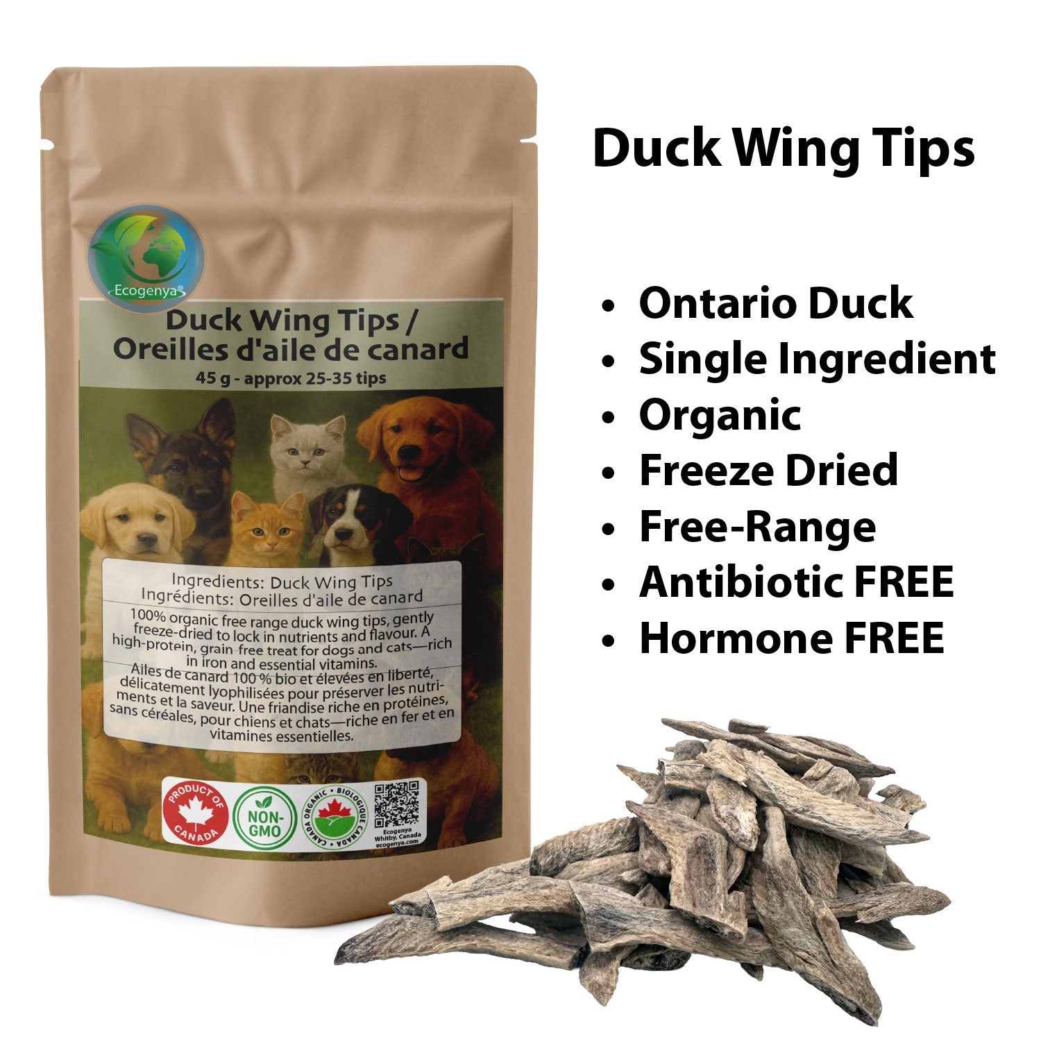 Ecogenya Freeze-Dried Duck Wing Tips for Dogs & Cats — Single-Ingredient Natural Crunchy Chews, 45g–300g