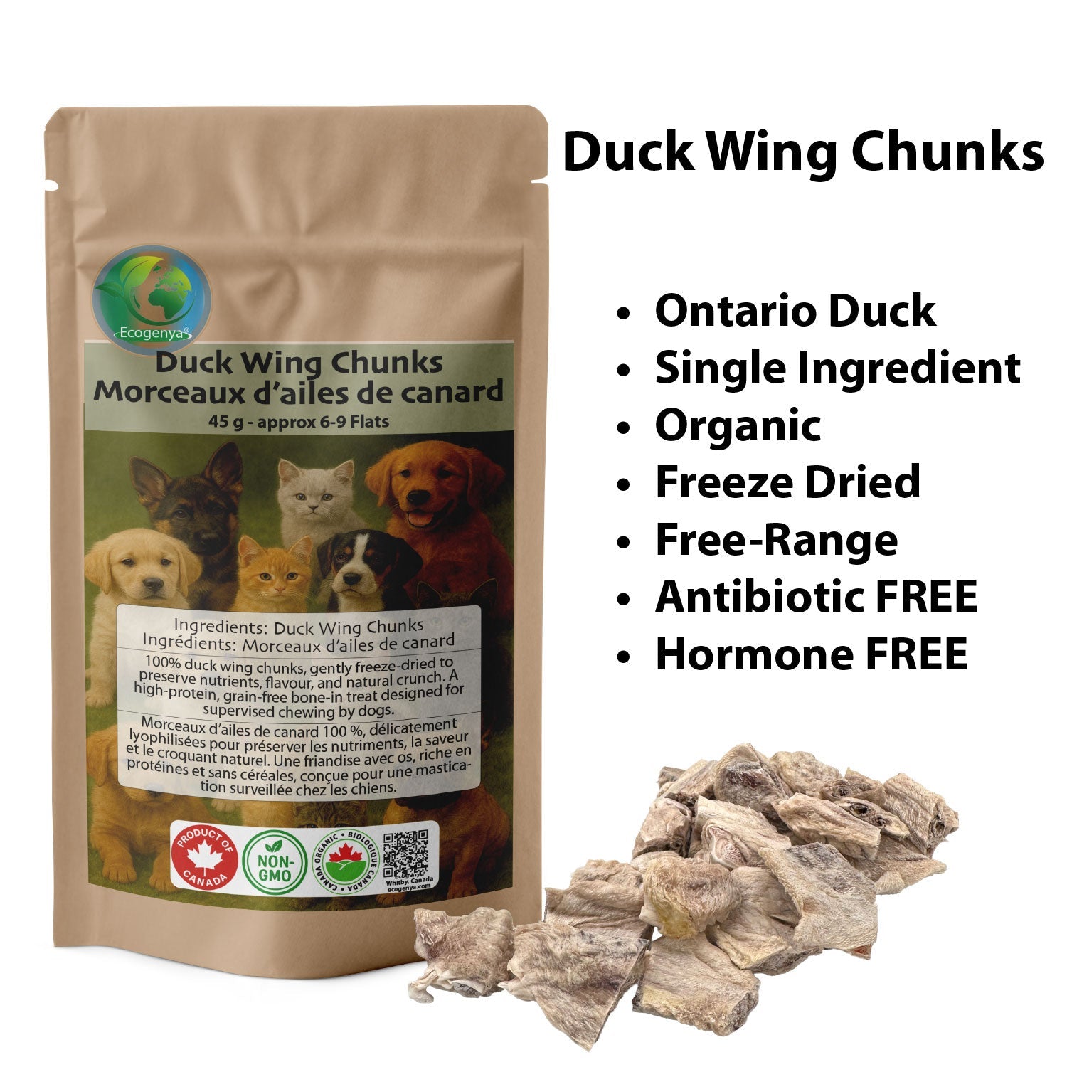 Ecogenya Freeze-Dried Duck Wing Chunks for Dogs — Bite-Sized Single-Ingredient Natural Chews, 45g–300g