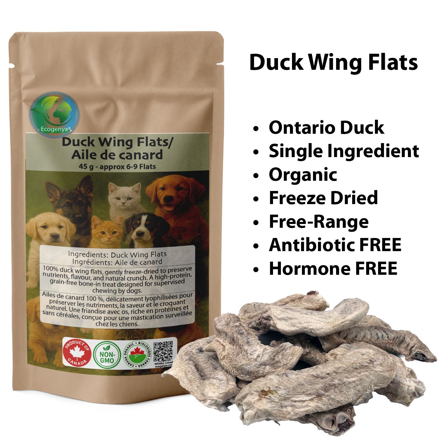 Ecogenya Freeze-Dried Duck Wing Flats for Dogs — Single-Ingredient Meaty Natural Chews for Medium & Large Dogs, 45g–300g