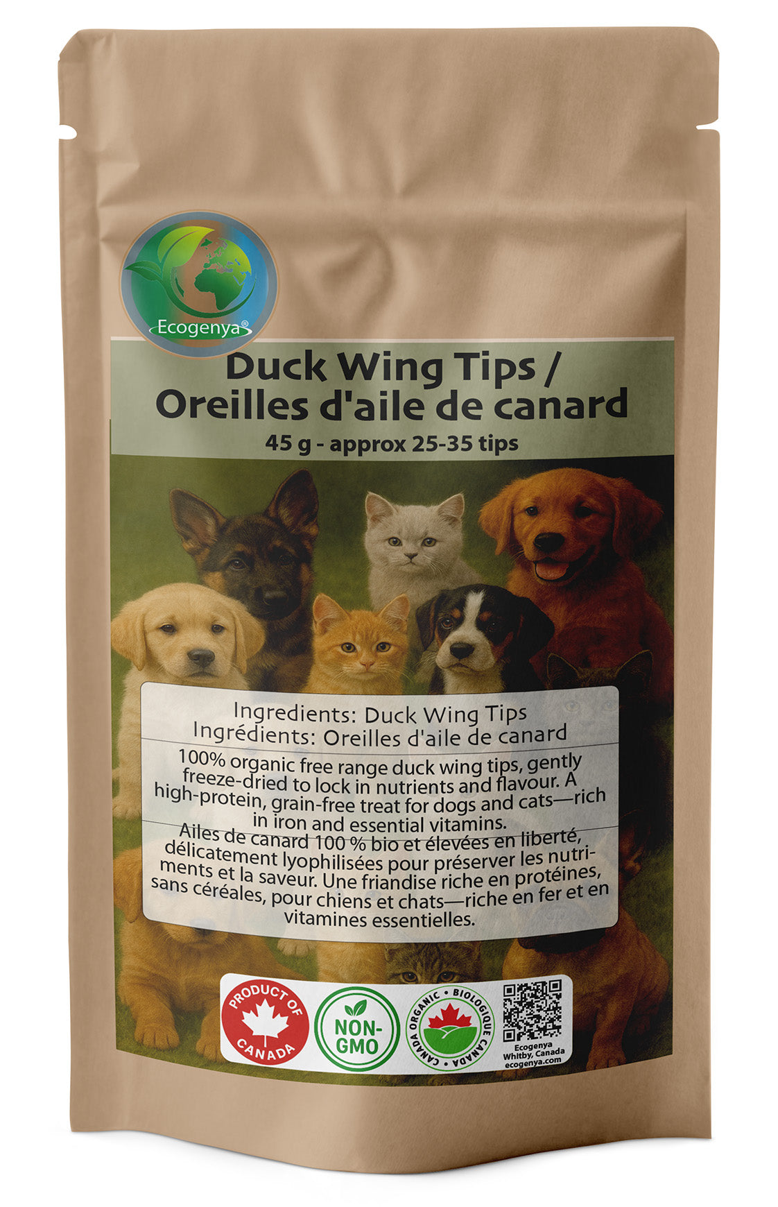 Ecogenya Freeze-Dried Duck Wing Tips for Dogs & Cats — Single-Ingredient Natural Crunchy Chews, 45g–300g