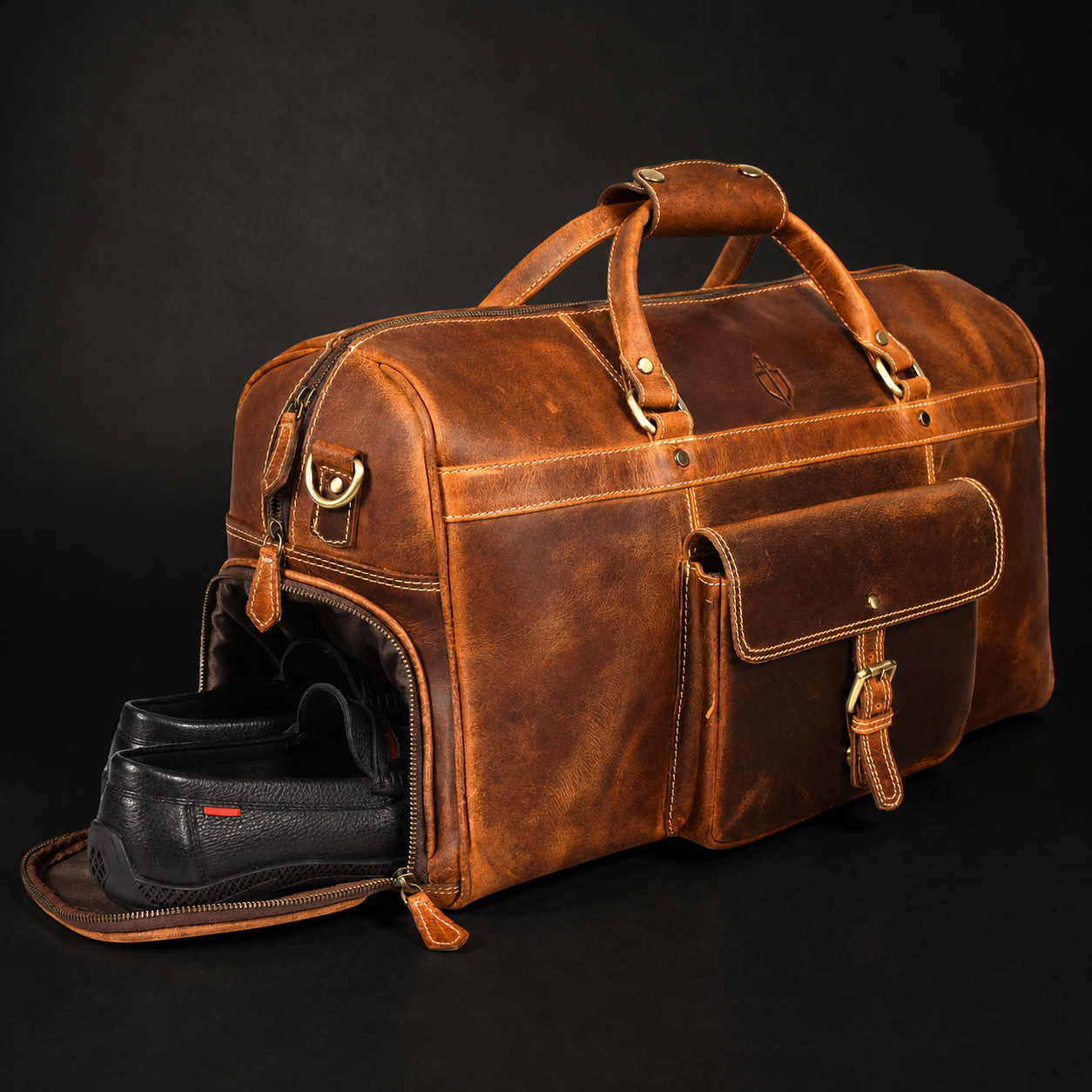 The Voyager Duffle - Cognac Full-Grain Distressed Leather Duffle Bag
