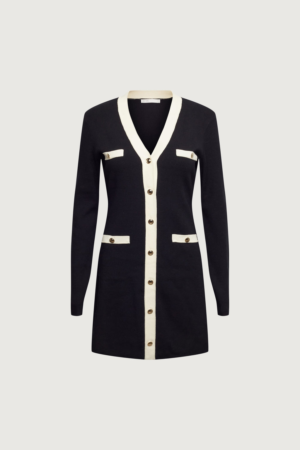 MINI-ROBE EN MAILLE À BORDURES CONTRASTÉES ET BOUTONNÉES SUR LE DEVANT