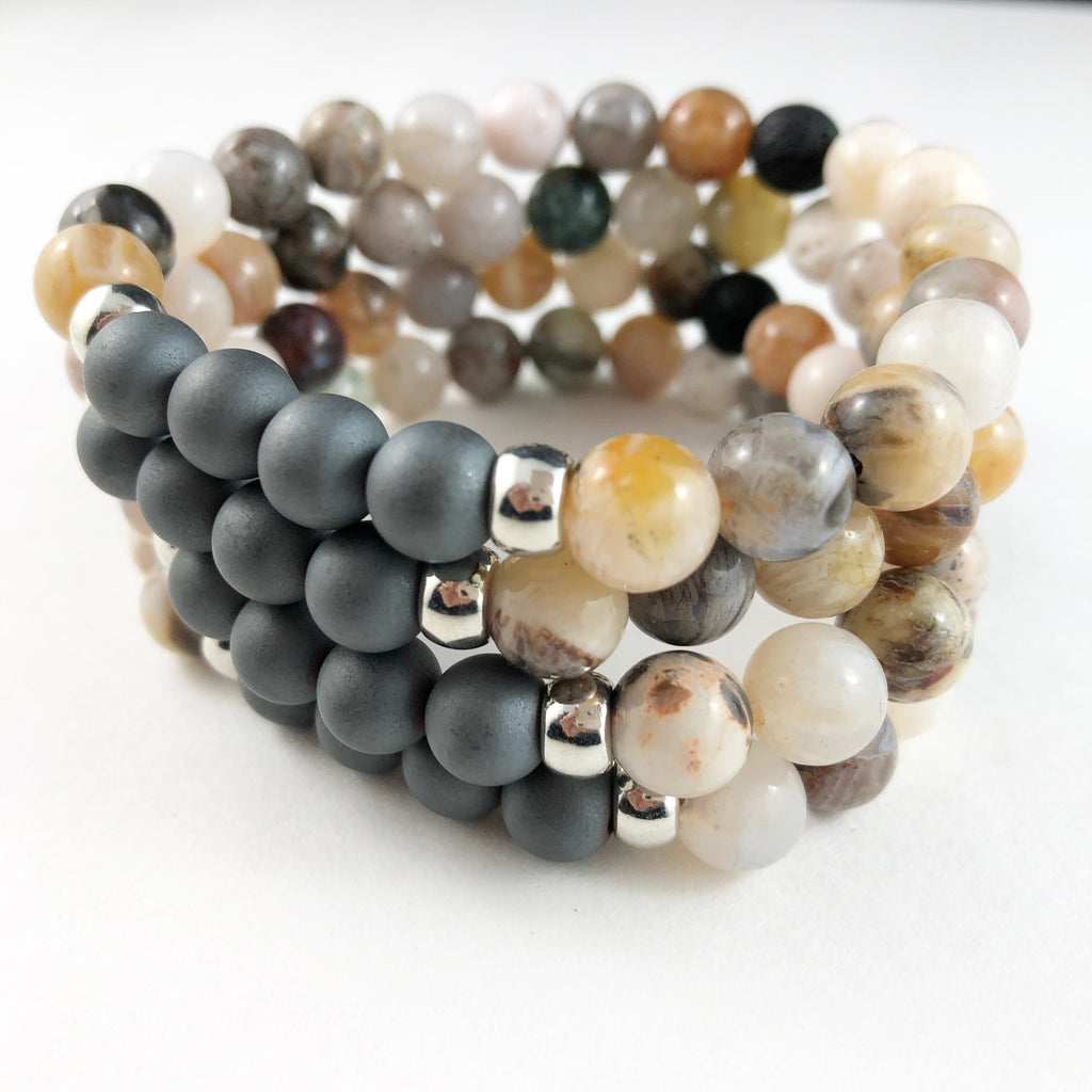 Bamboo Leaf Agate and Hematite Diffuser Bracelet with Silver Discs