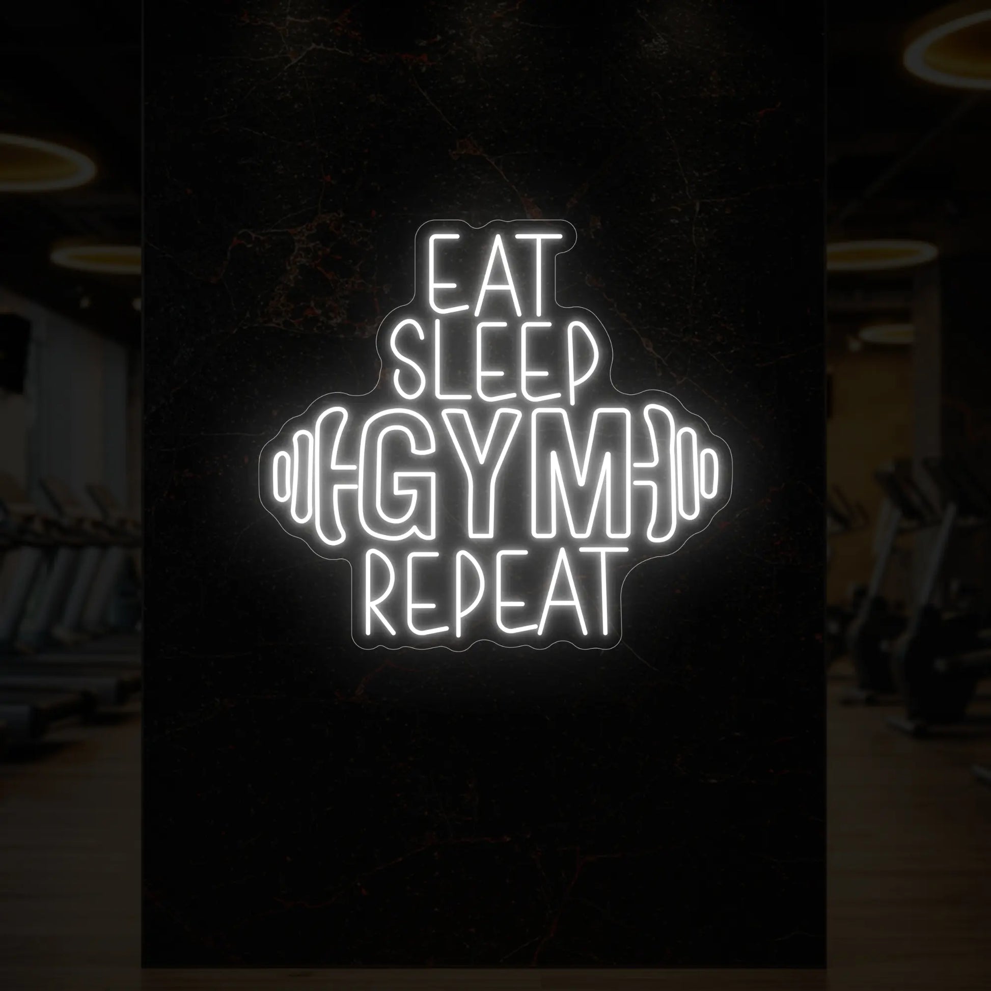 MANGER DORMIR SALLE DE SPORT RÉPÉTER avec enseigne lumineuse en forme d'haltère