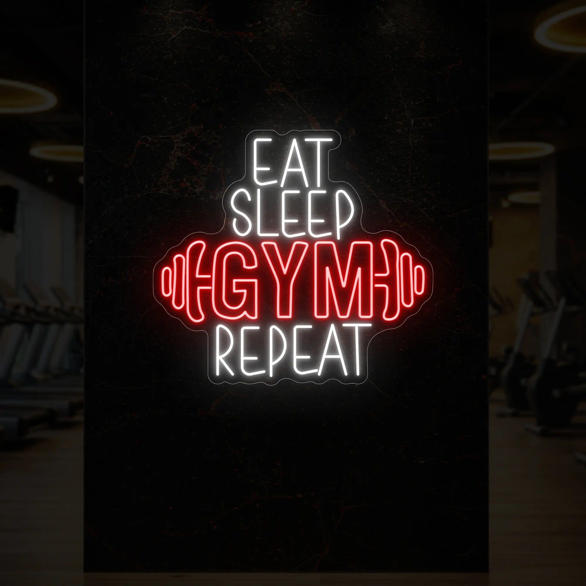 MANGER DORMIR SALLE DE SPORT RÉPÉTER avec enseigne lumineuse en forme d'haltère