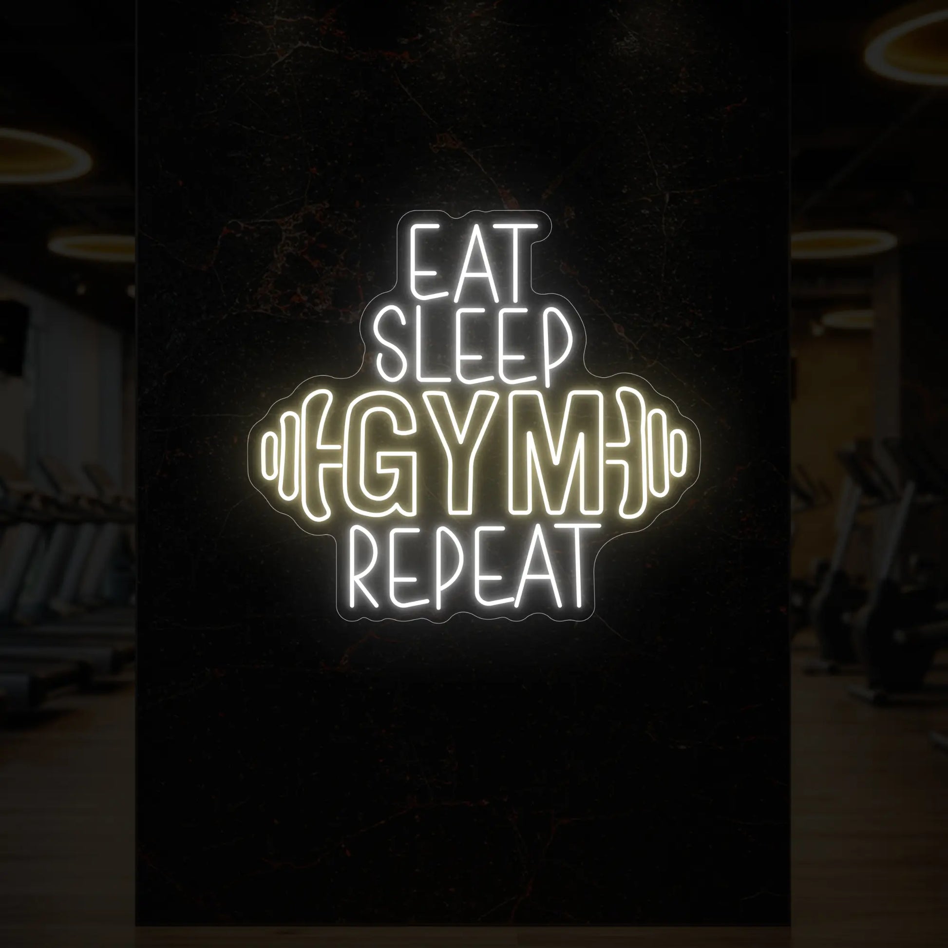 MANGER DORMIR SALLE DE SPORT RÉPÉTER avec enseigne lumineuse en forme d'haltère