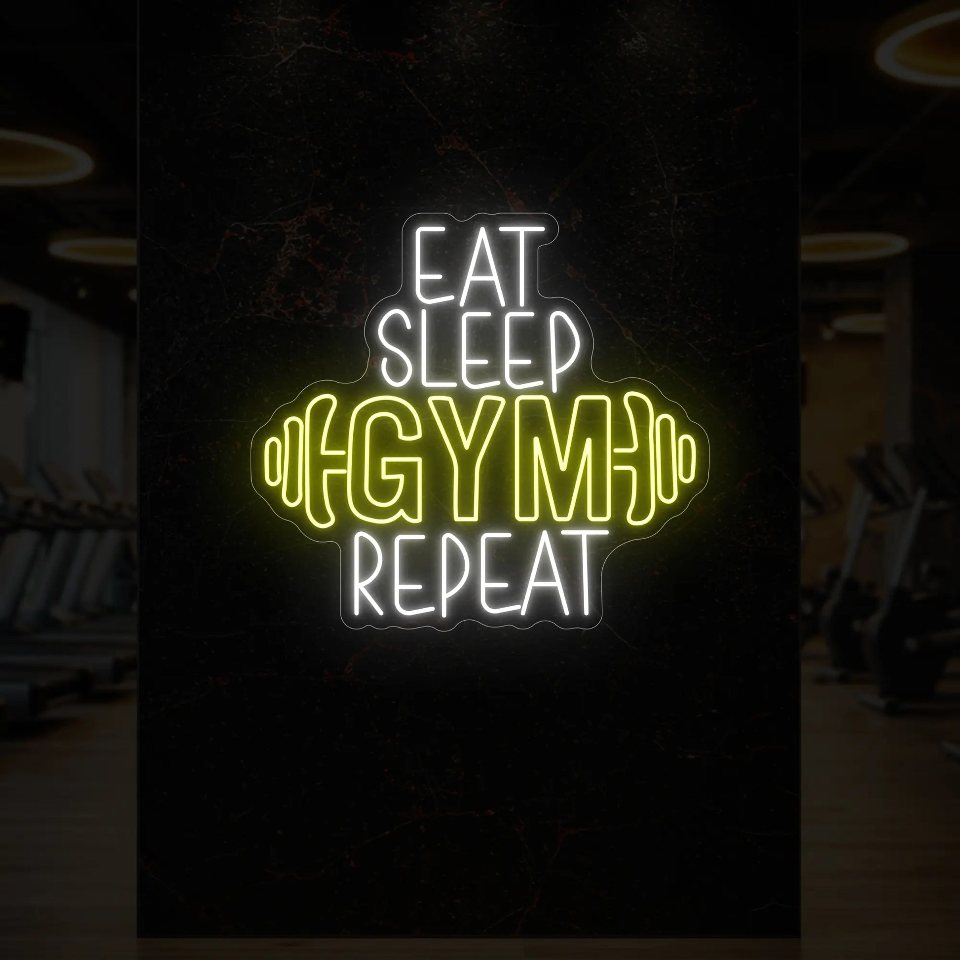 MANGER DORMIR SALLE DE SPORT RÉPÉTER avec enseigne lumineuse en forme d'haltère