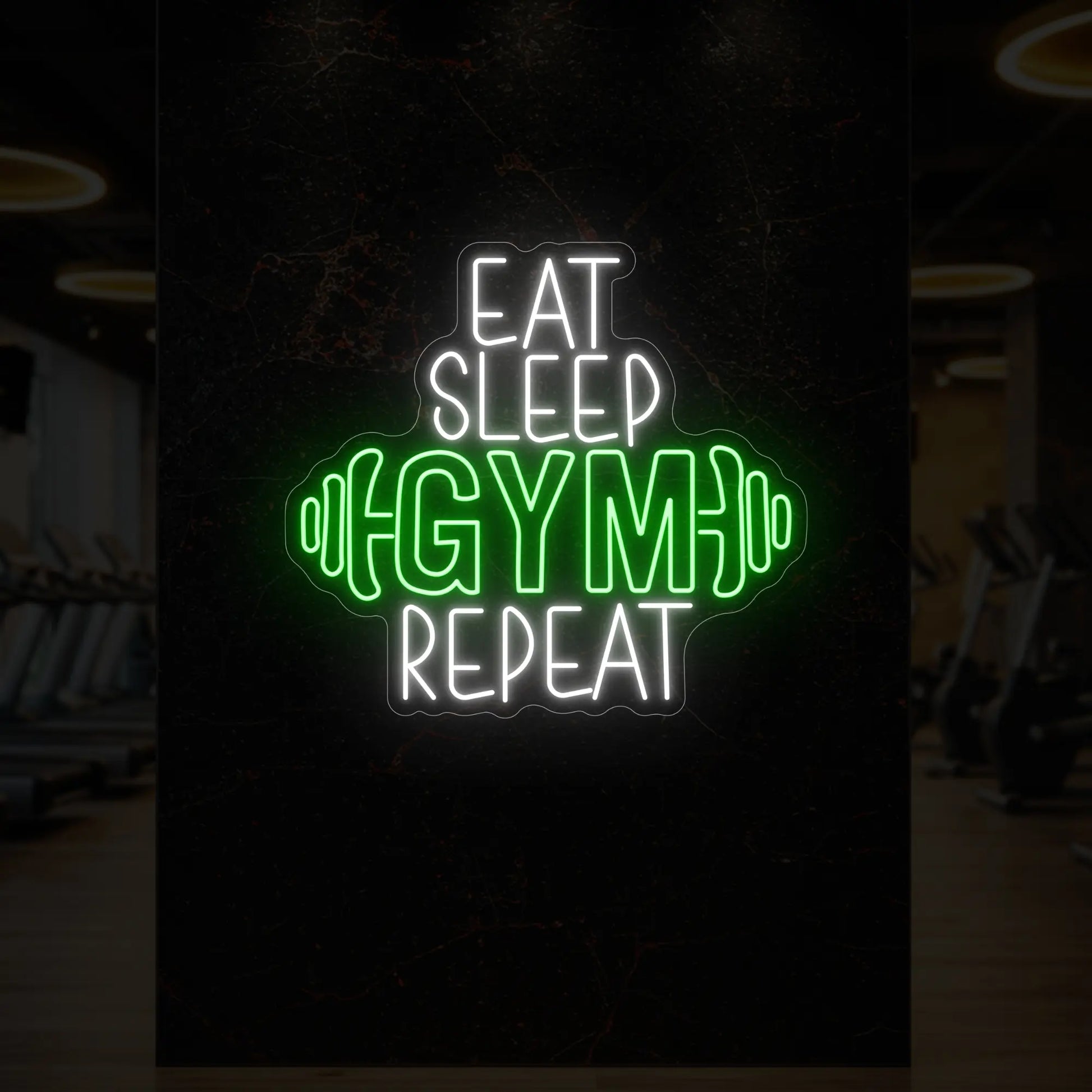 MANGER DORMIR SALLE DE SPORT RÉPÉTER avec enseigne lumineuse en forme d'haltère