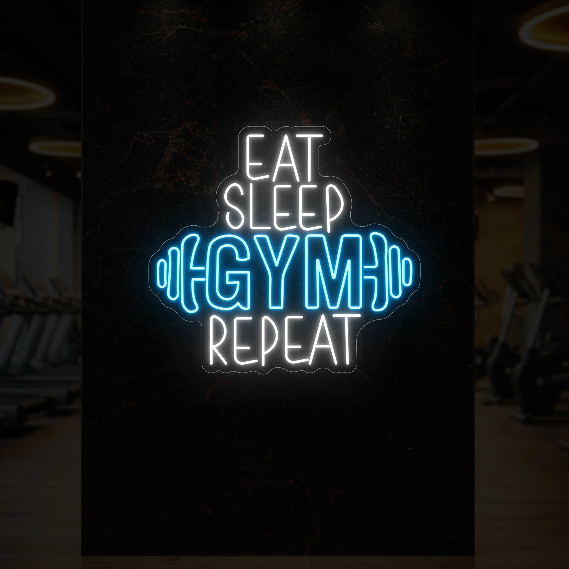 MANGER DORMIR SALLE DE SPORT RÉPÉTER avec enseigne lumineuse en forme d'haltère