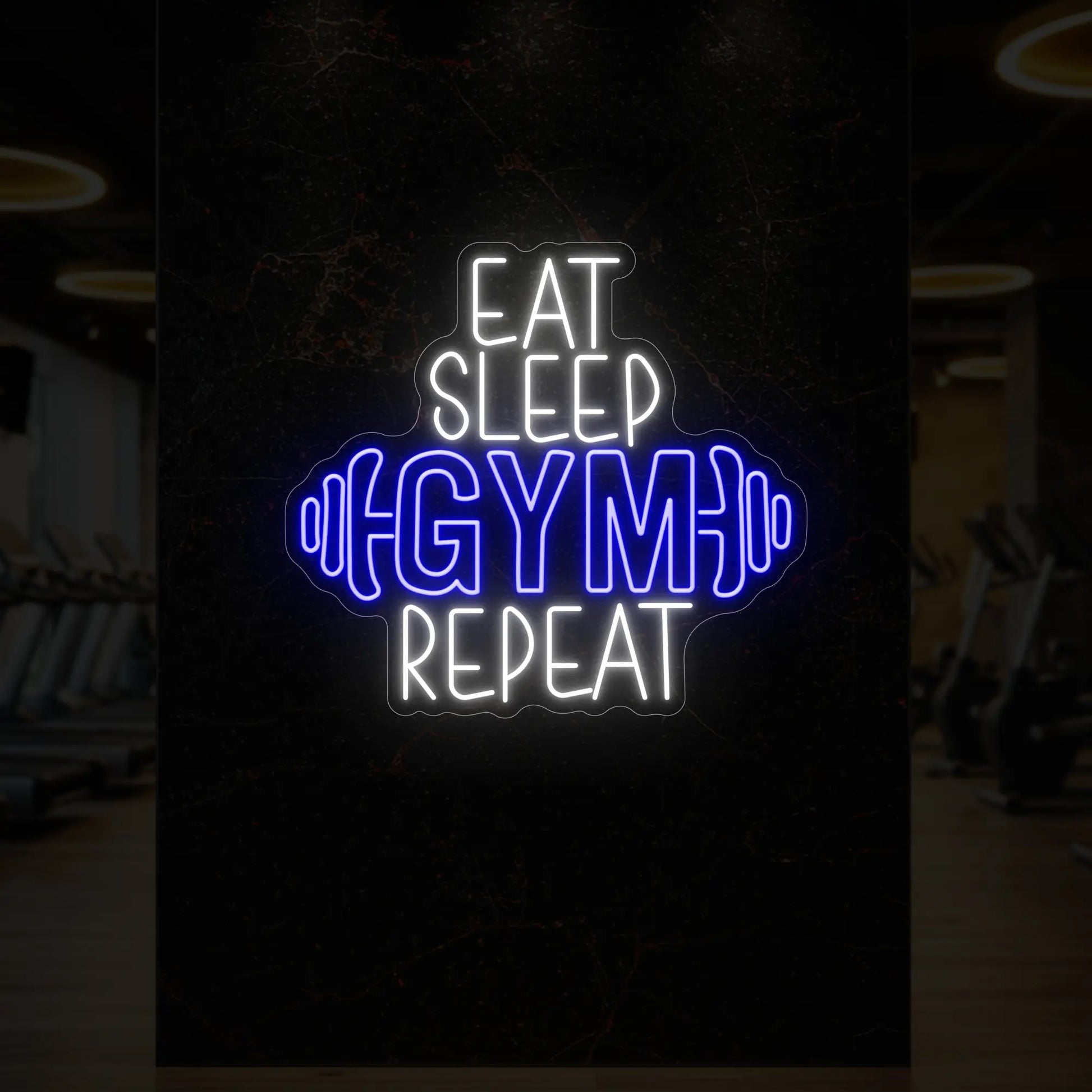 MANGER DORMIR SALLE DE SPORT RÉPÉTER avec enseigne lumineuse en forme d'haltère