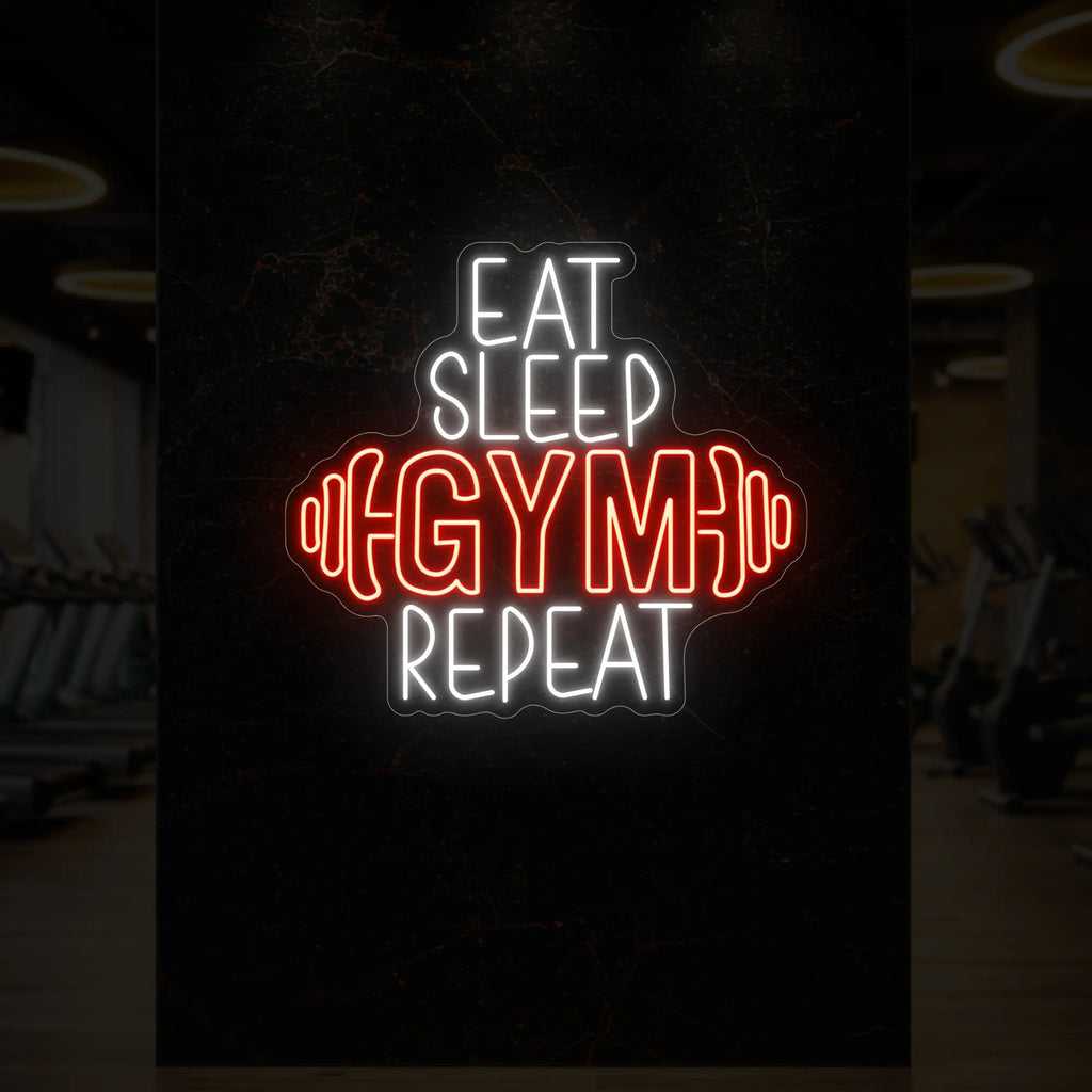 MANGER DORMIR SALLE DE SPORT RÉPÉTER avec enseigne lumineuse en forme d'haltère